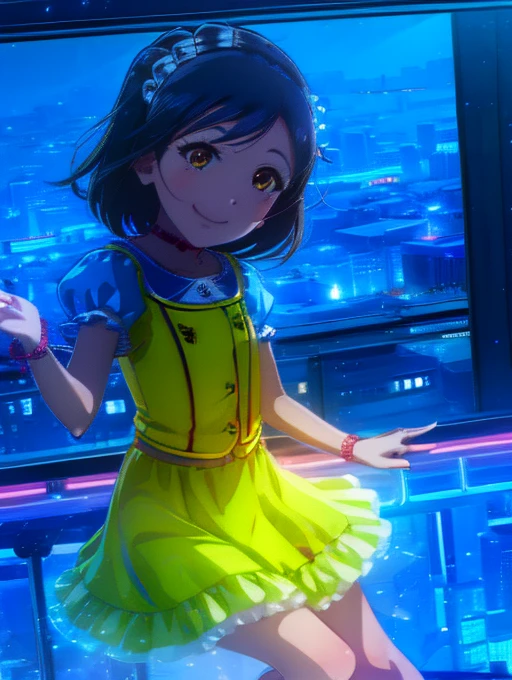yuriko nanao (million live), 1 girl, Solo, Best Quality, masutepiece, 8K, High resolution, Ultra-detailed, (((It is located on the rooftop, Night view))), lightsmile, Light blue dress, Sailor Color Dress, Short sleeves, Puffy sleeves, Yellow cardigan,