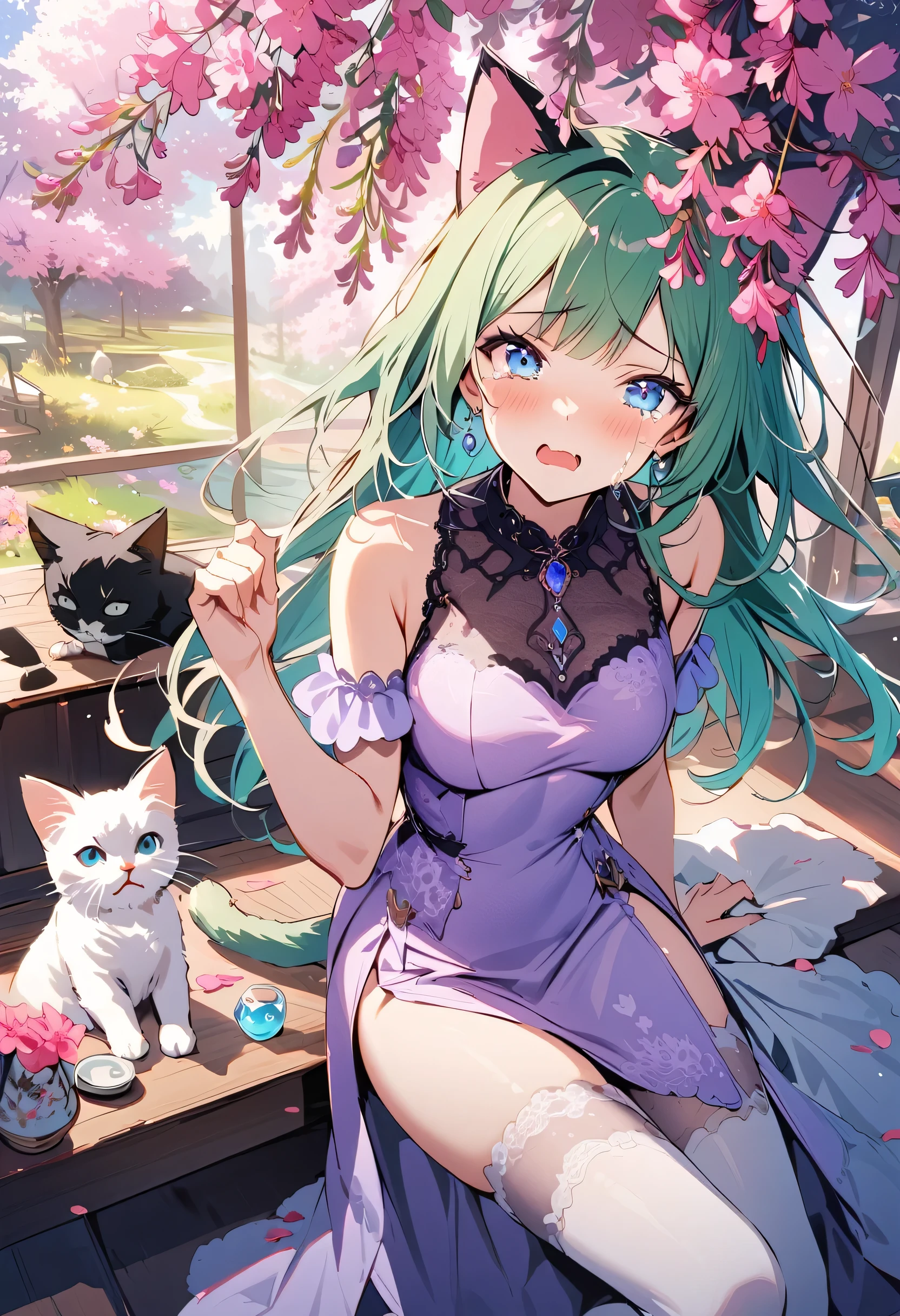 masterpiece, best quality, novel illustration, highres, 18+ mature content, sensual, intimate, emotional, passionate, romantic, sweet, endearing, innocent, pure, captivating, alluring, enticing, mysterious, enchanting, captivating, immersive, mesmerizing, dreamlike, surreal, imaginative, whimsical, artistic, avant-garde, timeless, elegant, sophisticated, chic, refined, unique, original, mesmerizing,1girl,deltamon_beta, solo, blue eyes, thighhighs, animal ears, bare shoulders, blue tail, earrings,detached sleeves, green hair, sleeveless, cat ears, bag, white thighhighs, cat tail,pink backpack,pink randseru,Lavender Lace: A lavender lace dress with a Peter Pan collar, paired with ivory tights and Mary Jane shoes.,Cherry blossom viewing, Azalea, Satsuki, Azalea blizzard,
Rest ((Avoided by ((kitten)), crying face))