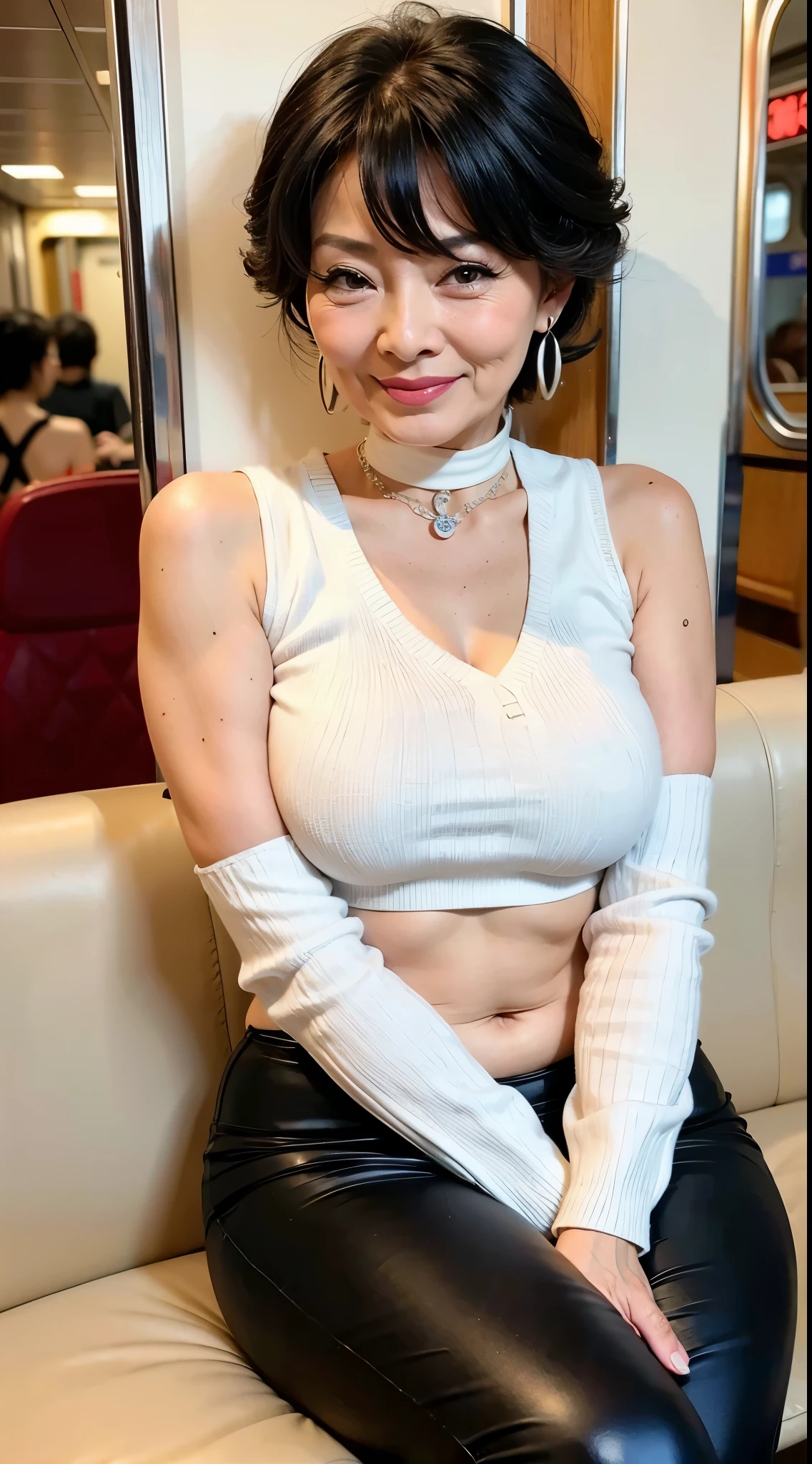 75 years old Mom MILF Chinese Lady large earring Big choker navel piercing decoration A bracelet Silver Hair realisitic Gorgeous Madame Beautiful Mature Woman sexy Smile Gentle woman navel piercing 4K High quality train Car seats Sleeveless knit Heavy chest Gorgeous Madam Beauty