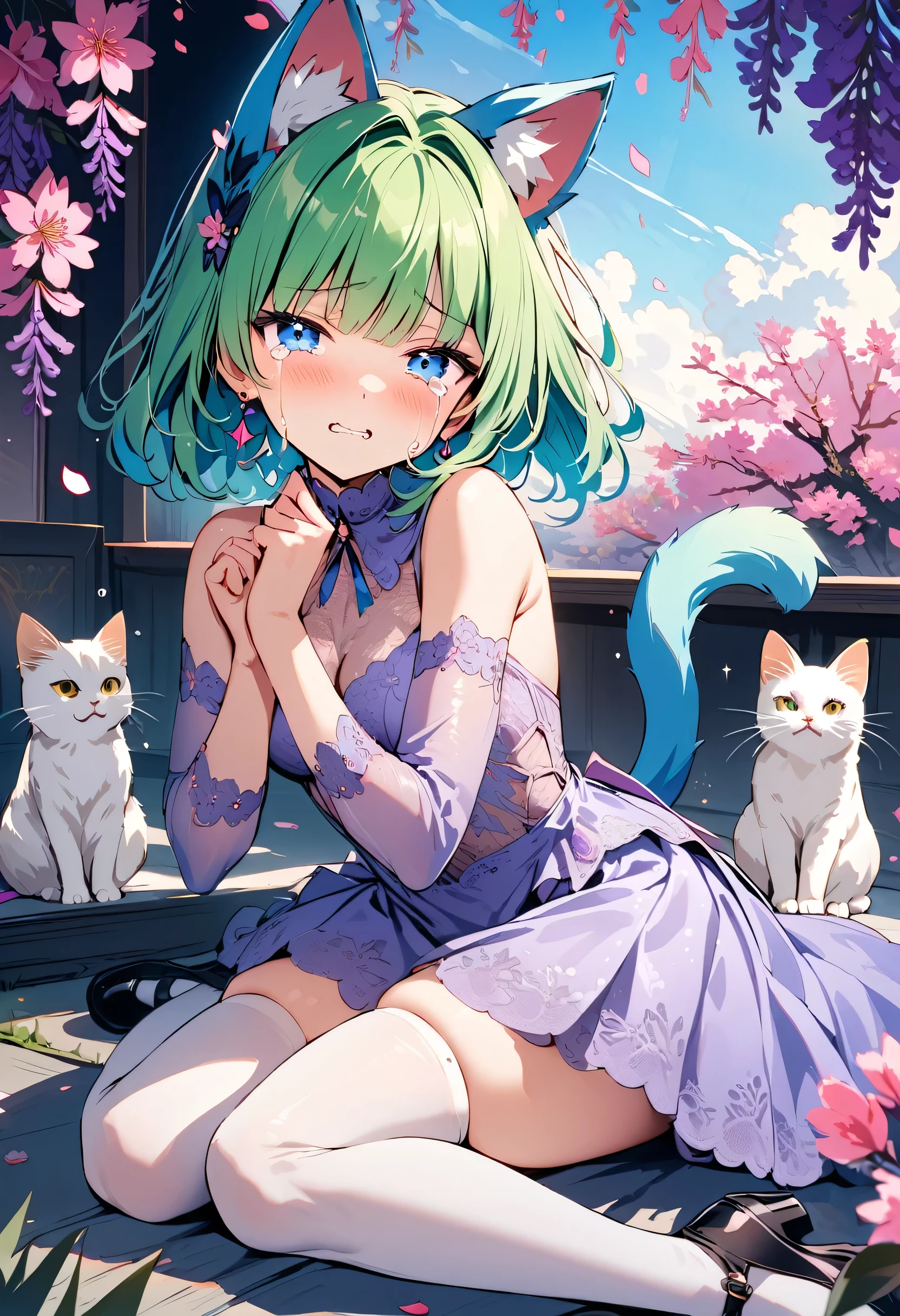 masterpiece, best quality, novel illustration, highres, 18+ mature content, sensual, intimate, emotional, passionate, romantic, sweet, endearing, innocent, pure, captivating, alluring, enticing, mysterious, enchanting, captivating, immersive, mesmerizing, dreamlike, surreal, imaginative, whimsical, artistic, avant-garde, timeless, elegant, sophisticated, chic, refined, unique, original, mesmerizing,1girl,deltamon_beta, solo, blue eyes, thighhighs, animal ears, bare shoulders, blue tail, earrings,detached sleeves, green hair, sleeveless, cat ears, bag, white thighhighs, cat tail,pink backpack,pink randseru,Lavender Lace: A lavender lace dress with a Peter Pan collar, paired with ivory tights and Mary Jane shoes.,Cherry blossom viewing, Azalea, Satsuki, Azalea blizzard,
Rest ((Avoided by ((kitten)), crying face))