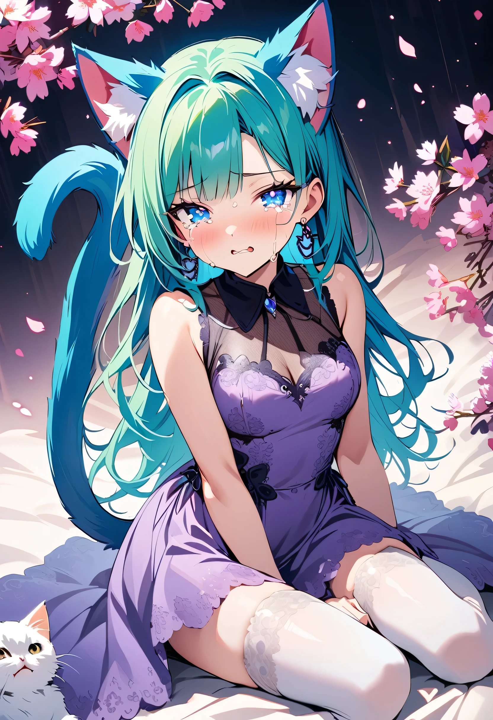 masterpiece, best quality, novel illustration, highres, 18+ mature content, sensual, intimate, emotional, passionate, romantic, sweet, endearing, innocent, pure, captivating, alluring, enticing, mysterious, enchanting, captivating, immersive, mesmerizing, dreamlike, surreal, imaginative, whimsical, artistic, avant-garde, timeless, elegant, sophisticated, chic, refined, unique, original, mesmerizing,1girl,deltamon_beta, solo, blue eyes, thighhighs, animal ears, bare shoulders, blue tail, earrings,detached sleeves, green hair, sleeveless, cat ears, bag, white thighhighs, cat tail,pink backpack,pink randseru,Lavender Lace: A lavender lace dress with a Peter Pan collar, paired with ivory tights and Mary Jane shoes.,Cherry blossom viewing, Azalea, Satsuki, Azalea blizzard,
Rest ((Avoided by ((kitten)), crying face))