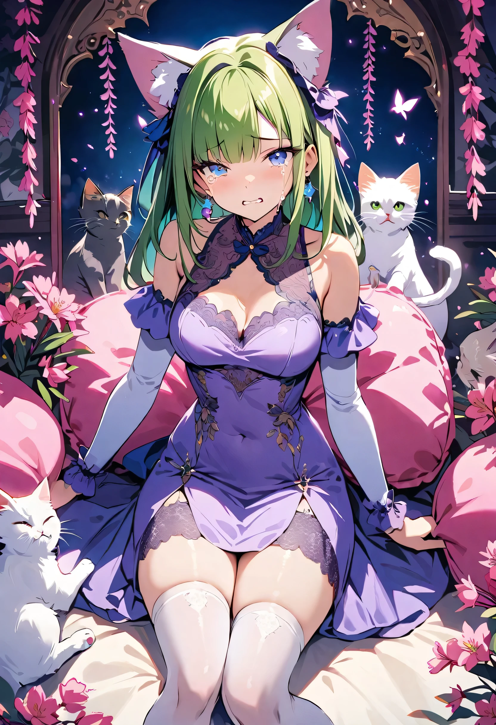 masterpiece, best quality, novel illustration, highres, 18+ mature content, sensual, intimate, emotional, passionate, romantic, sweet, endearing, innocent, pure, captivating, alluring, enticing, mysterious, enchanting, captivating, immersive, mesmerizing, dreamlike, surreal, imaginative, whimsical, artistic, avant-garde, timeless, elegant, sophisticated, chic, refined, unique, original, mesmerizing,1girl,deltamon_beta, solo, blue eyes, thighhighs, animal ears, bare shoulders, blue tail, earrings,detached sleeves, green hair, sleeveless, cat ears, bag, white thighhighs, cat tail,pink backpack,pink randseru,Lavender Lace: A lavender lace dress with a Peter Pan collar, paired with ivory tights and Mary Jane shoes.,Cherry blossom viewing, Azalea, Satsuki, Azalea blizzard,
Rest ((Avoided by ((kitten)), crying face))