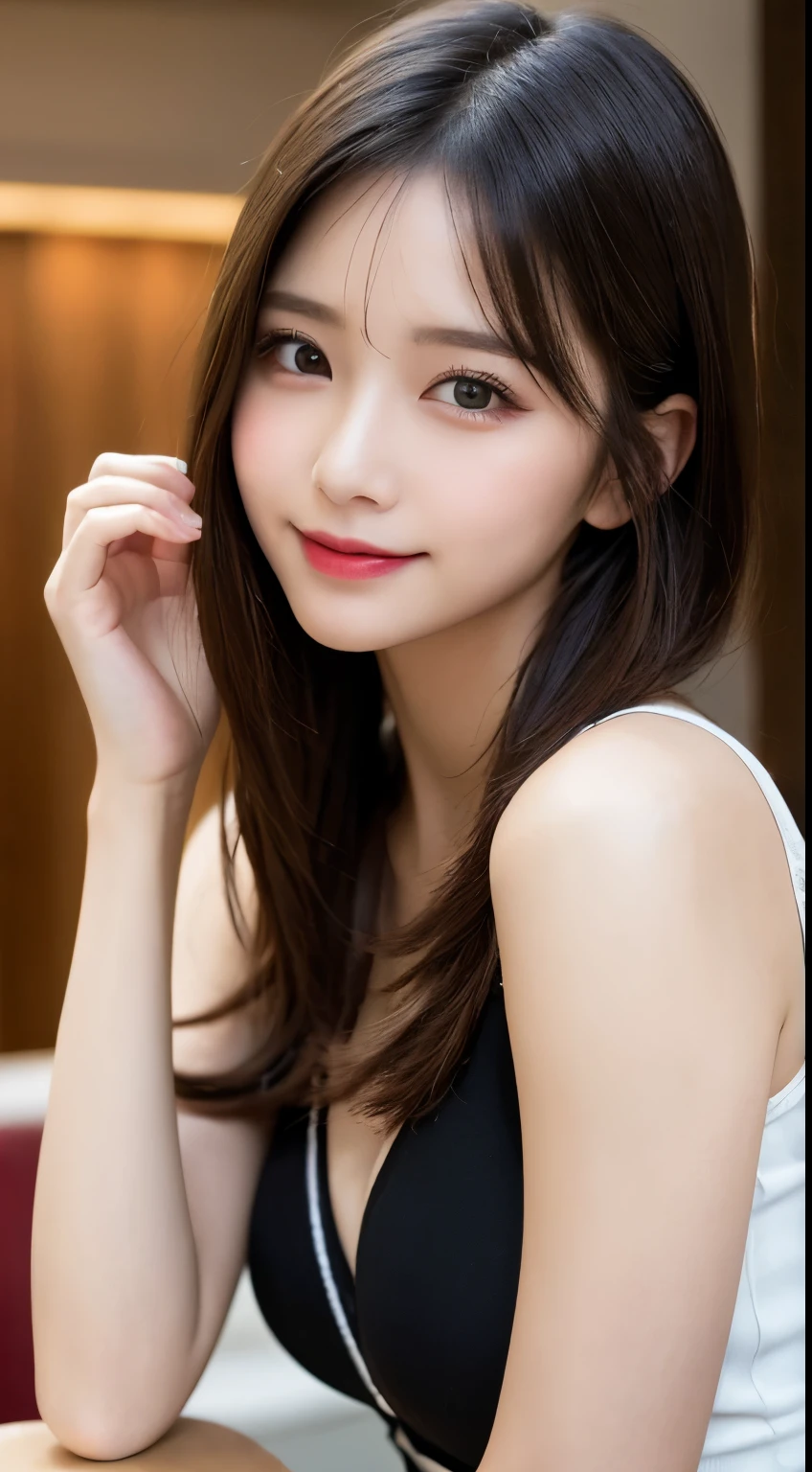 Tabletop, highest quality, shape, Very detailed, finely, High resolution, 8k wallpaper, 完璧なダイナミックな構shape, Beautiful and exquisite, Nice spring clothes,Beautiful straight hair,Small breasts,Natural color lip, 20-year-old girl、cute、sexy shot looking at camera,Always blur the background,Perfect and beautiful face、Slim face and figure,Big eyes、Putting on gal makeup,Actual Photos(Best image quality)、Sexy Face、Fashion magazine model pose、A shy smile、Cyberpunk Fashion、squat