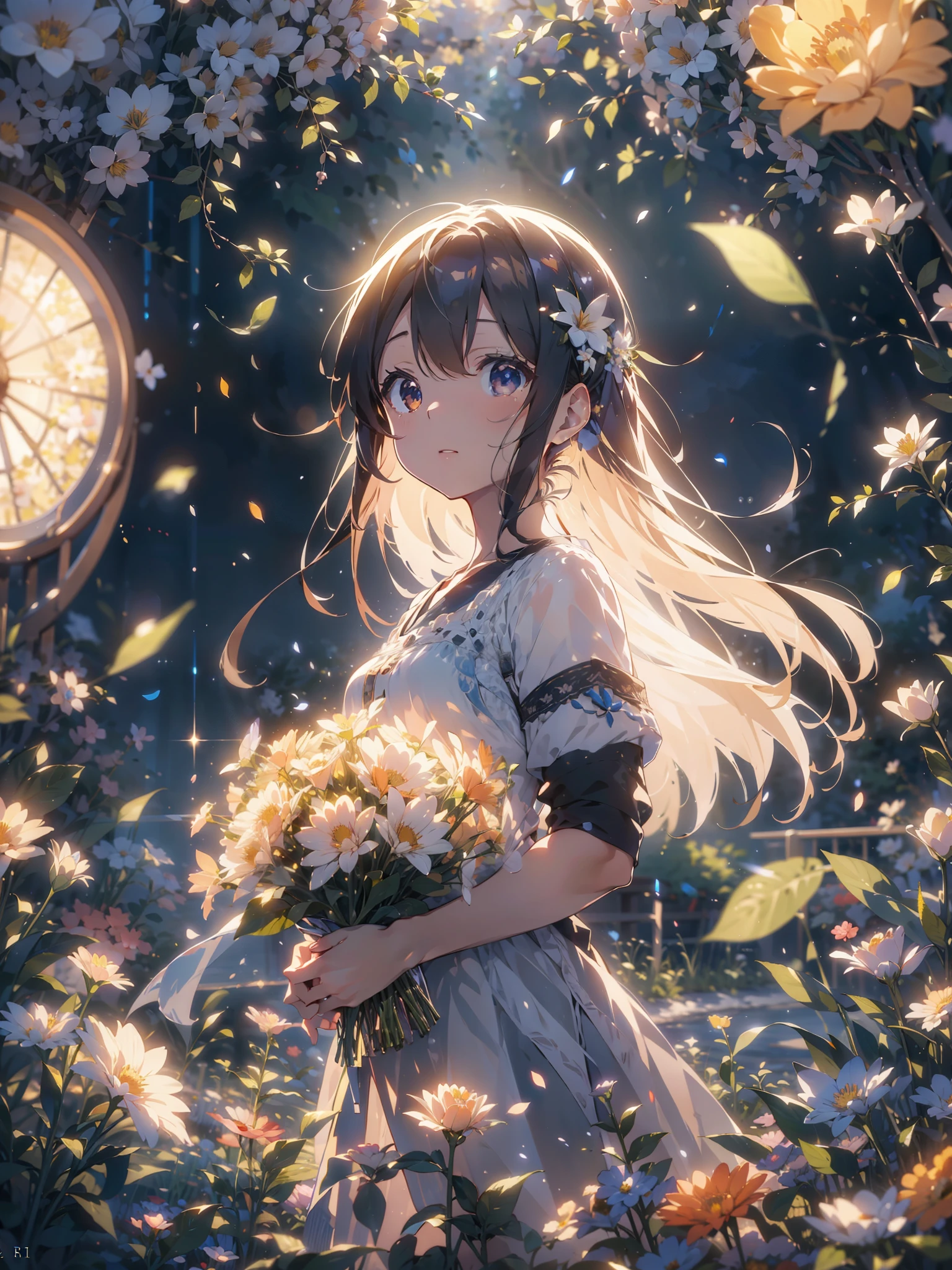 anime,depth of field, cinematic lighting, lens flare, f/1.2,(masterpiece:1.2),(high definition),Flower Field、Girl with a bouquet of flowers、Petals fluttering、Light effects、An emotional photo、Filled with kindness