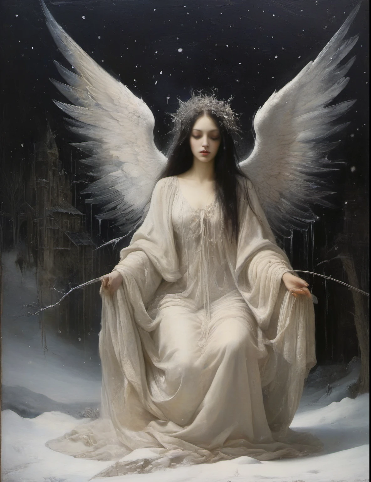 James Gurney, Surrealist art , dream-like, Mysterious, Provocative, symbolic, Complex, detailed,, (Gothic but very beautiful:1.4), (masterpiece, highest quality:1.4) , Nicola Samori Style, Angel in the snow