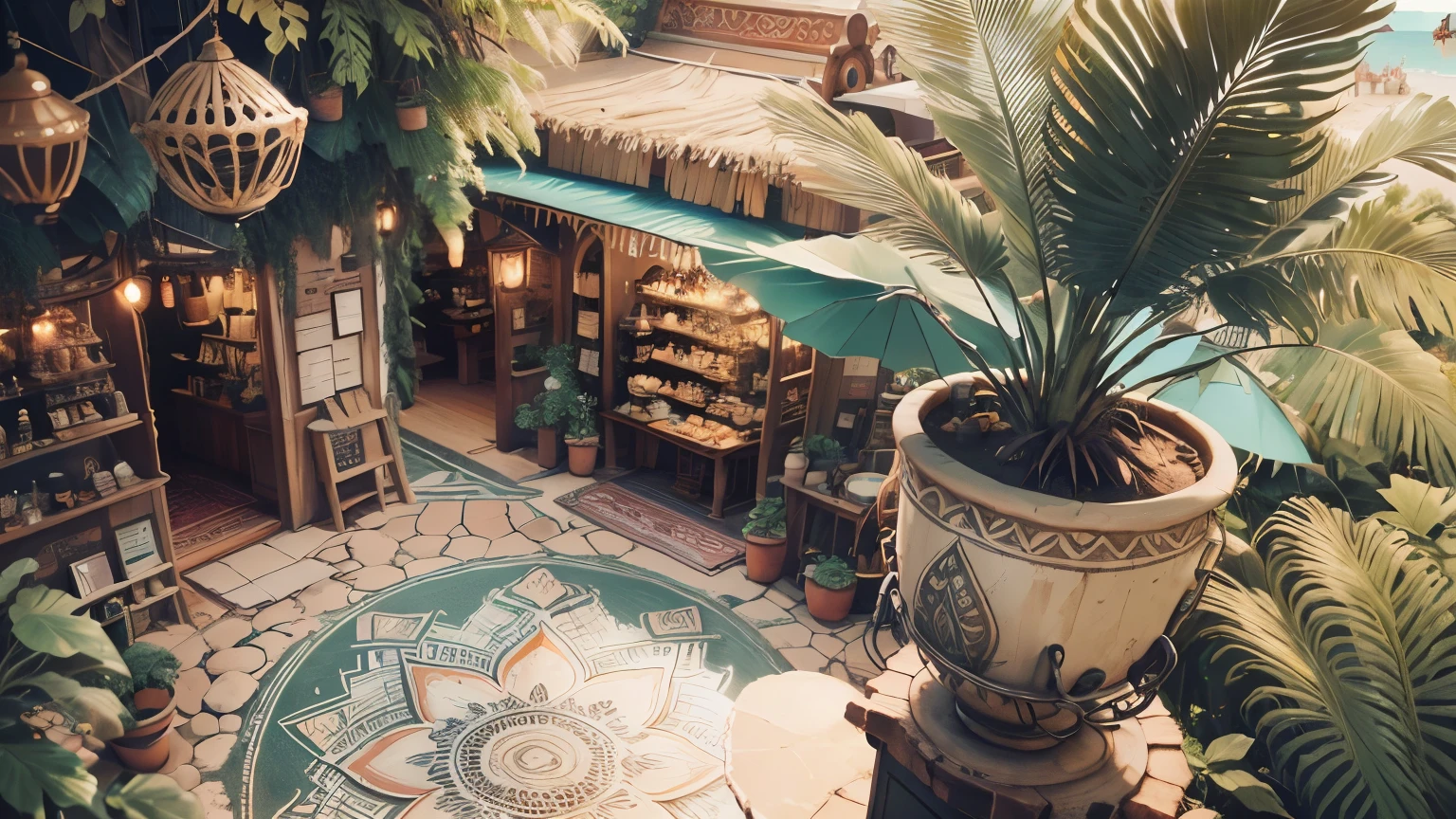 extremely detailed, bohoai coffeehouse, coffee machine, pastries, plants, coffee, ocean view, beach, seaside