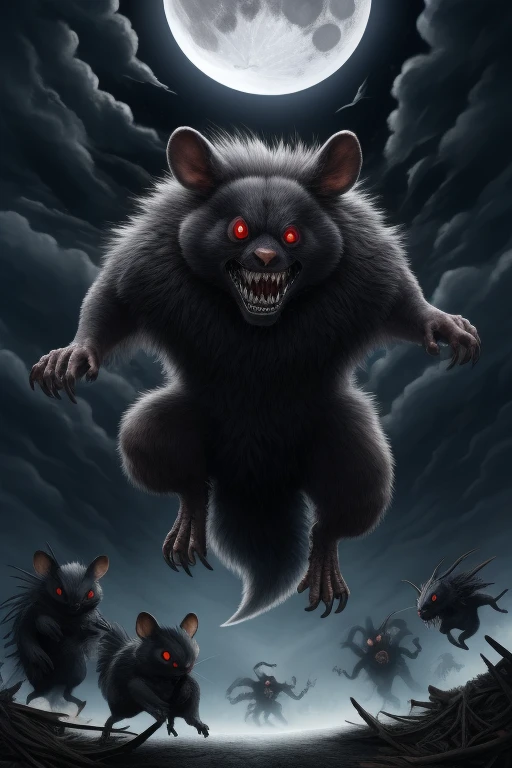 A masterpiece of hyper-realistic digital illustration, entitled "Moonlit Terror," presents a nocturnal flying squirrel, adorned with its distinctive black fur and bright cyan hair, earnestly emitting a terrified scream as it is mercilessly attacked by a swarm of decomposing zombies beneath a mostly cloudy sky, dark clouds looming and the full moon casting a haunting light, illuminating the squirrel's striking red eyes. The ghastly zombies, characterized by their sharp teeth, black scales, and eerie aura, whirl menacingly in the air, leaving a trail of rained debris in their wake. The breathtaking