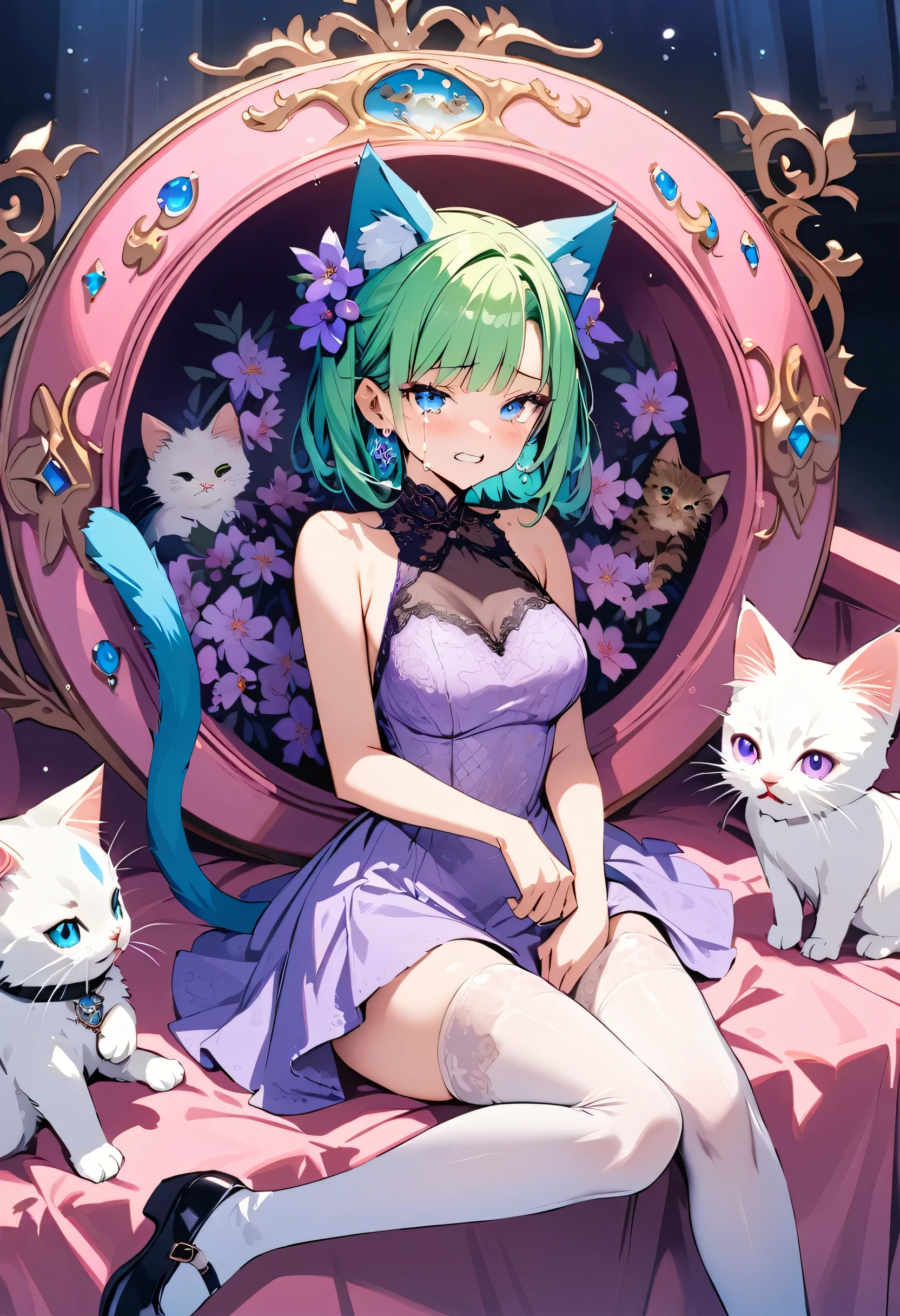 masterpiece, best quality, novel illustration, highres, 18+ mature content, sensual, intimate, emotional, passionate, romantic, sweet, endearing, innocent, pure, captivating, alluring, enticing, mysterious, enchanting, captivating, immersive, mesmerizing, dreamlike, surreal, imaginative, whimsical, artistic, avant-garde, timeless, elegant, sophisticated, chic, refined, unique, original, mesmerizing,1girl,deltamon_beta, solo, blue eyes, thighhighs, animal ears, bare shoulders, blue tail, earrings,detached sleeves, green hair, sleeveless, cat ears, bag, white thighhighs, cat tail,pink backpack,pink randseru,Lavender Lace: A lavender lace dress with a Peter Pan collar, paired with ivory tights and Mary Jane shoes.,Cherry blossom viewing, Azalea, Satsuki, Azalea blizzard,
Rest ((Avoided by ((kitten)), crying face))