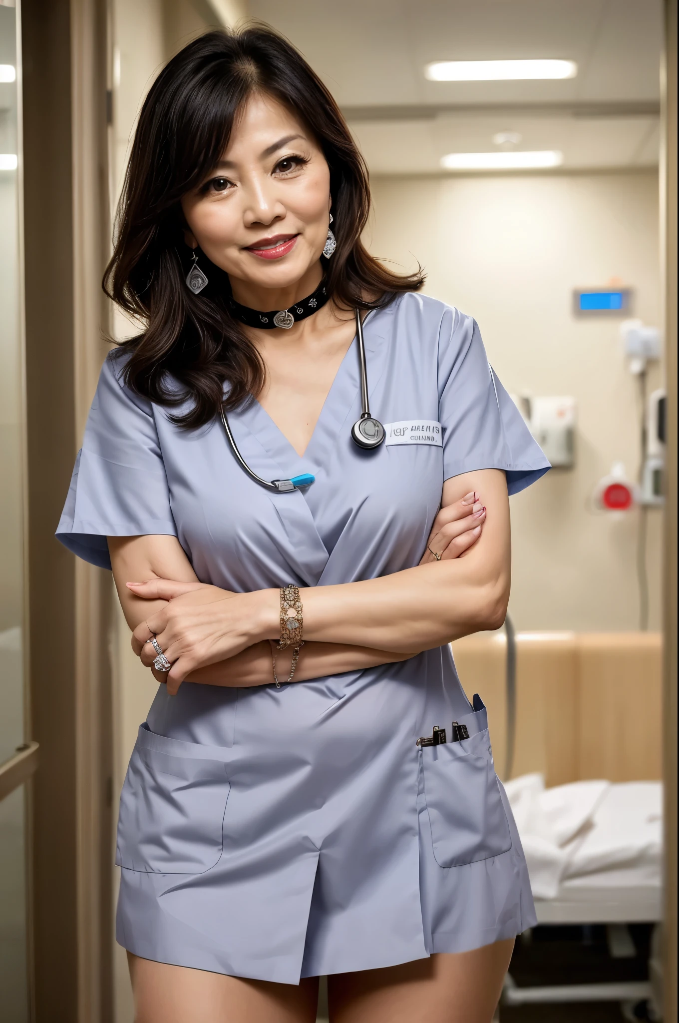 Ward Background 75 years old Mom MILF Chinese Lady large earring Big choker navel piercing decoration A bracelet Silver Hair realisitic Gorgeous Madame Beautiful Mature Woman sexy Smile Gentle woman navel piercing 4K High quality hospital room Infusion doctor Gorgeous Madame Beautiful Mature Woman