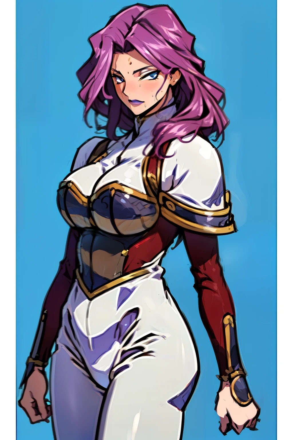 (high resolution, pixel perfect, realistic, gorgeous illustrations), (hyper quality, muste piece, etheric: 1.4), (solo, 1girl), cowboy shot, ((cornelia_li_britannia)), ((leg up)), mature woman, cool atmosphere, finely detailed beautiful eyes and detailed face, wide hips, Big breasts that are about to burst, fighter, ((((wh_chi_armor)))), (leotard), cameltoe, lewd woman, shiny skin, gleaming skin, sweat, simple background,