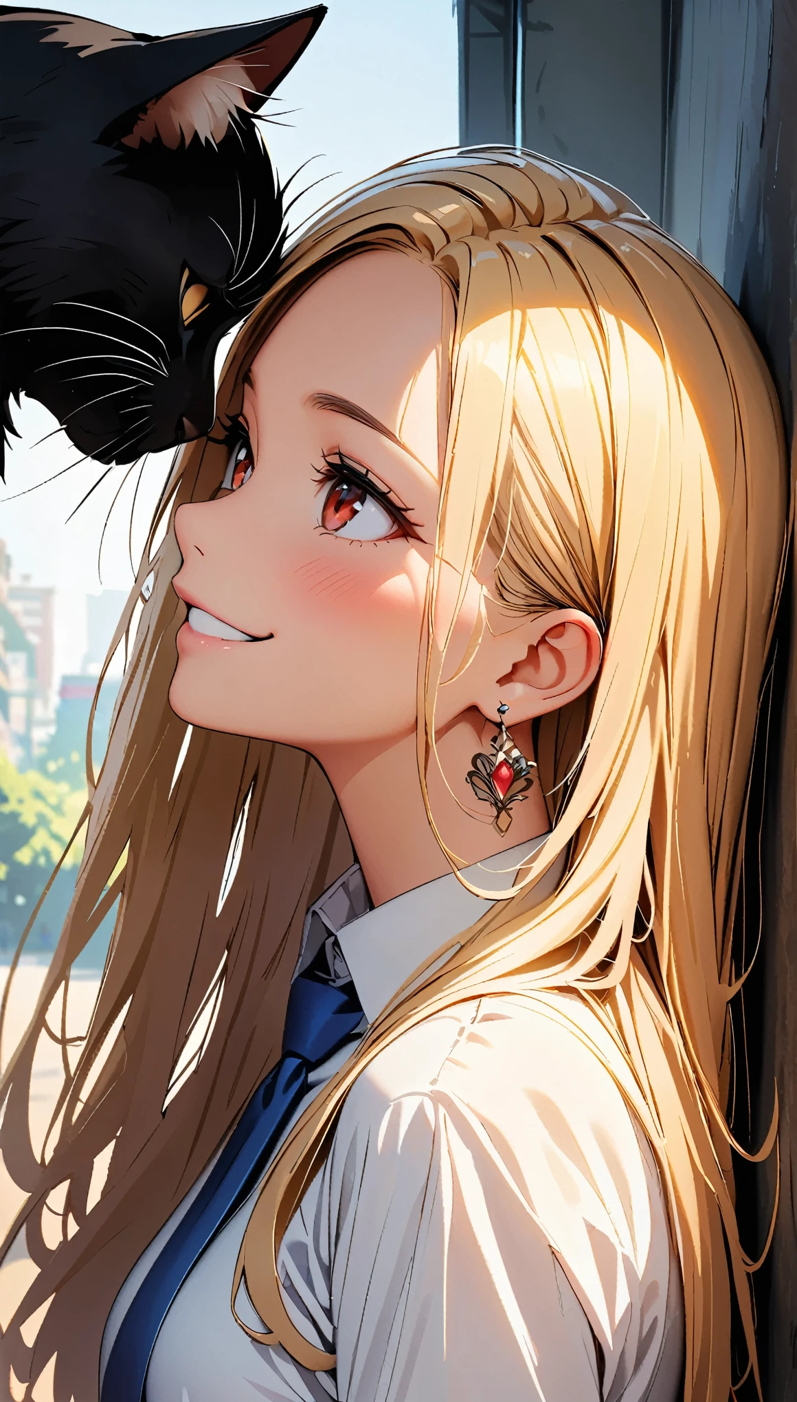 (highest quality:1.2, Very detailed, High Detail, digital coloring, High Contrast, masterpiece:1.2, highest quality, Best aesthetics), ((1 girl)), blonde, Straight Long Hair, Red eyes, Earrings, Black choker, Collared shirt, Blue tie, smile, blush, Facing the cat, profile,Face Up Shot, Face to face with cat:1.2, profileにフォーカス.