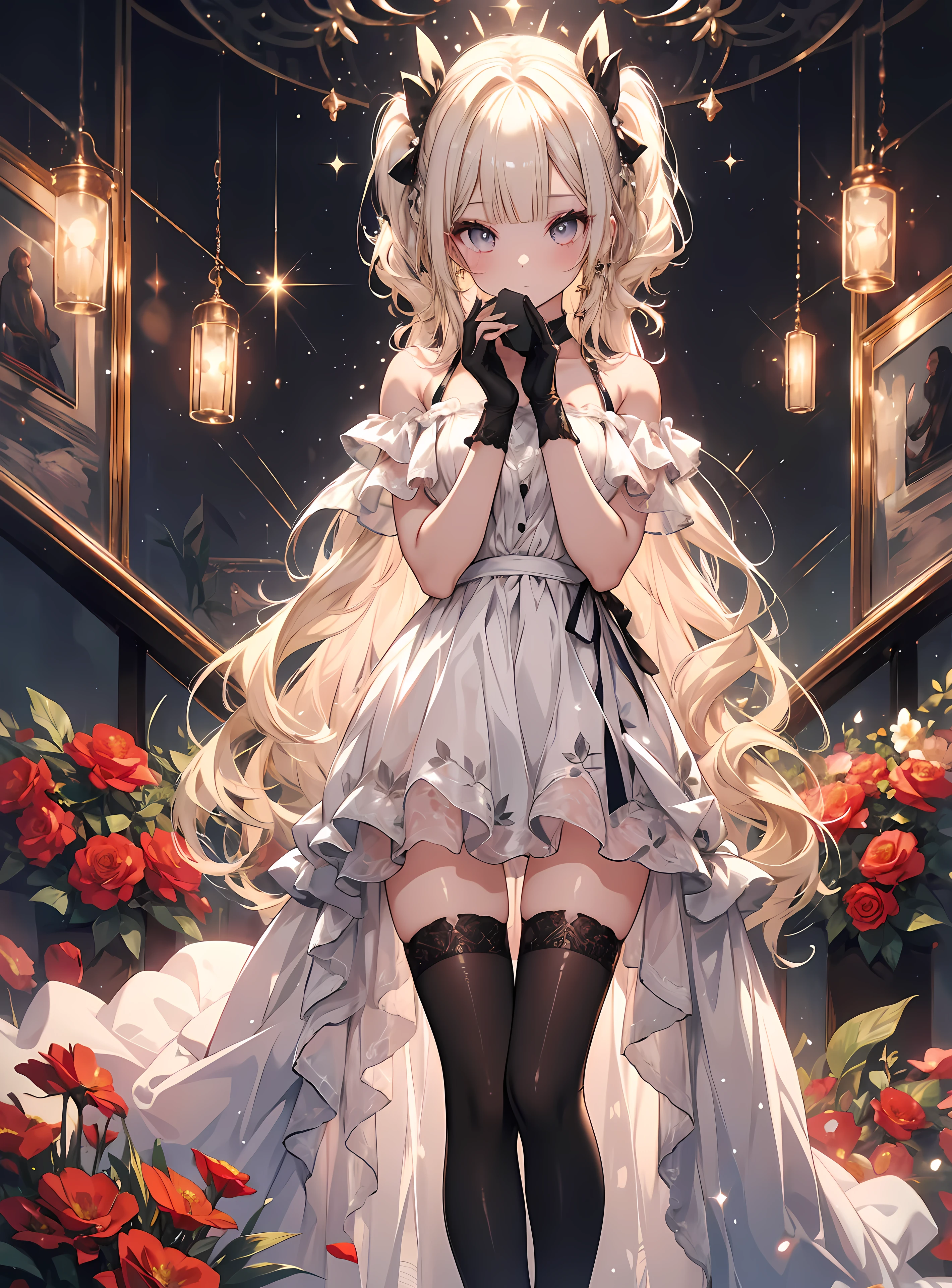 masterpiece, highest quality, High resolution, SA1, Floral off-the-shoulder dress, black stockings, Sparkly eyes, false eyelashes, Platinum Blonde Twin Tails, Cute atmosphere,