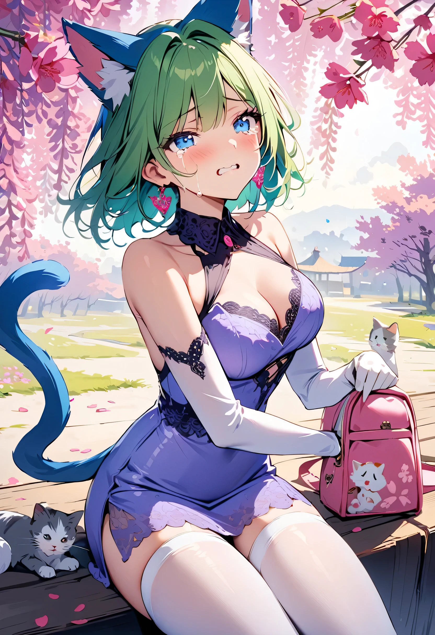 masterpiece, best quality, novel illustration, highres, 18+ mature content, sensual, intimate, emotional, passionate, romantic, sweet, endearing, innocent, pure, captivating, alluring, enticing, mysterious, enchanting, captivating, immersive, mesmerizing, dreamlike, surreal, imaginative, whimsical, artistic, avant-garde, timeless, elegant, sophisticated, chic, refined, unique, original, mesmerizing,1girl,deltamon_beta, solo, blue eyes, thighhighs, animal ears, bare shoulders, blue tail, earrings,detached sleeves, green hair, sleeveless, cat ears, bag, white thighhighs, cat tail,pink backpack,pink randseru,Lavender Lace: A lavender lace dress with a Peter Pan collar, paired with ivory tights and Mary Jane shoes.,Cherry blossom viewing, Azalea, Satsuki, Azalea blizzard,
Rest ((Avoided by ((kitten)), crying face))