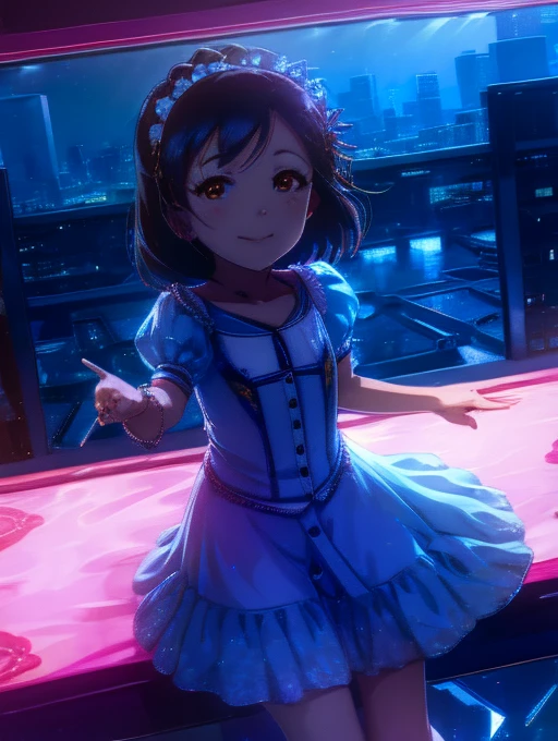 yuriko nanao (million live), 1 girl, Solo, Best Quality, masutepiece, 8K, High resolution, Ultra-detailed, (((It is located on the rooftop, Night view))), lightsmile, Light blue dress, Sailor Color Dress, Short sleeves, Puffy sleeves, Yellow cardigan,Light from the front