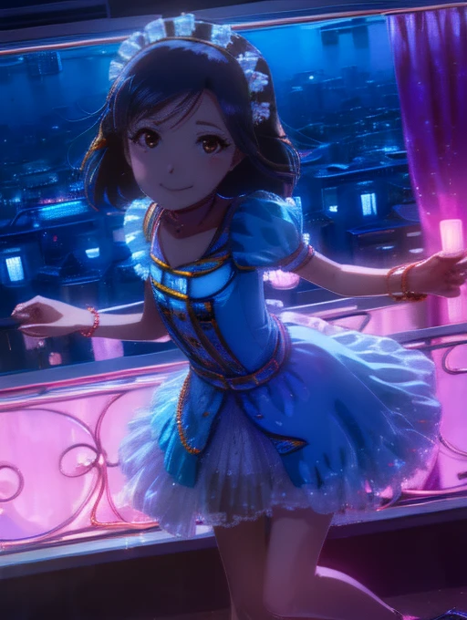 yuriko nanao (million live), 1 girl, Solo, Best Quality, masutepiece, 8K, High resolution, Ultra-detailed, (((It is located on the rooftop, Night view))), lightsmile, Light blue dress, Sailor Color Dress, Short sleeves, Puffy sleeves, Yellow cardigan,Light from the front