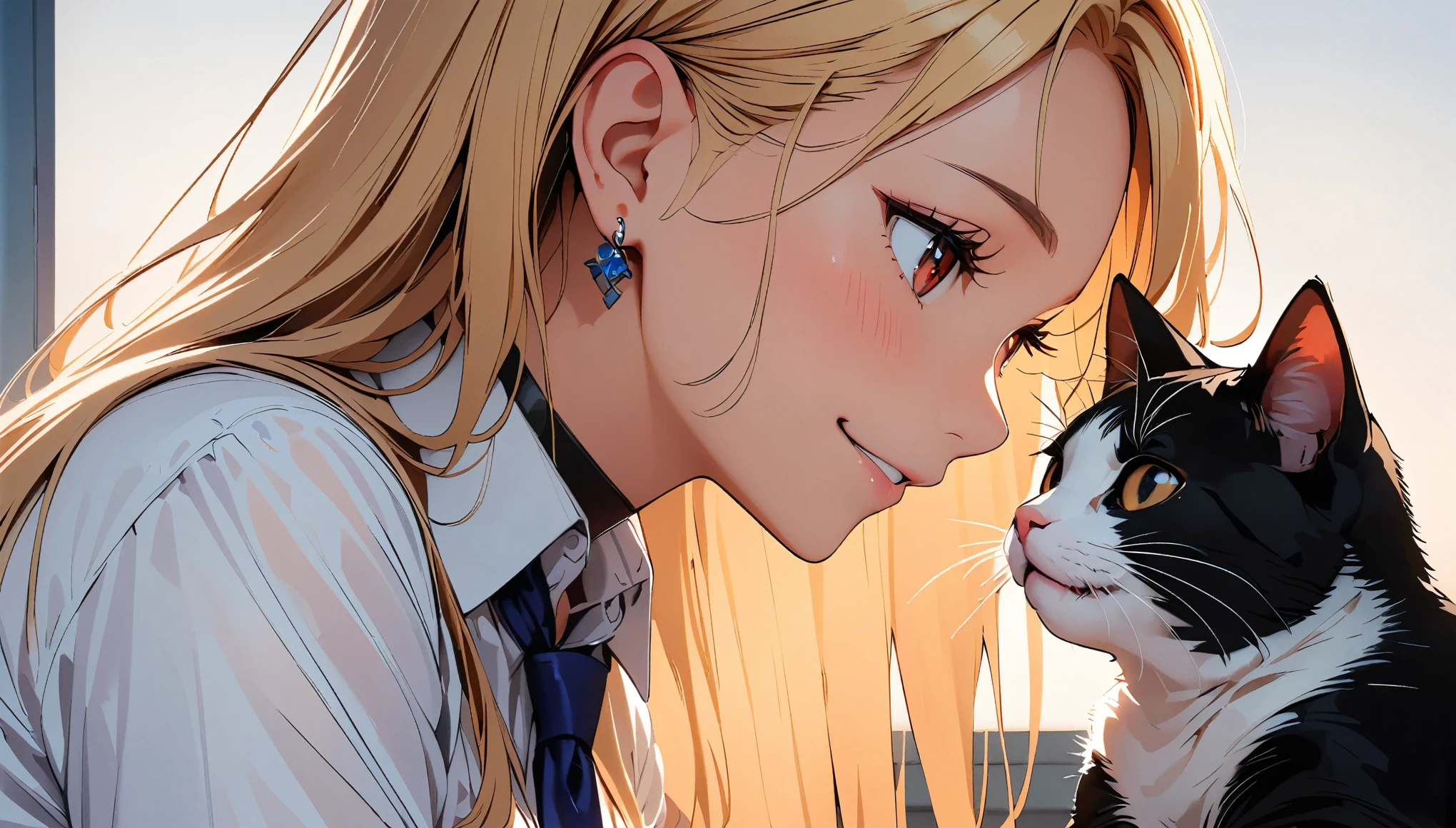 (highest quality:1.2, Very detailed, High Detail, digital coloring, High Contrast, masterpiece:1.2, highest quality, Best aesthetics), ((1 girl)), blonde, Straight Long Hair, Red eyes, Earrings, Black choker, Collared shirt, Blue tie, smile, blush, Facing the cat, profile,Face Up Shot, Face to face with cat:1.2, profileにフォーカス.