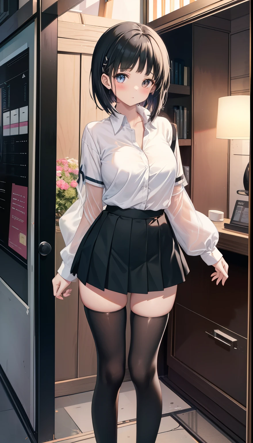 One Girl、positive、Standing posture、Full body portrait、Black Hair、Medium Haircut、blush、Absolute area、Black knee-high socks、Knee-length、stockings、Black Pantyhose、No panties、No bra、Round-neck blouse、mini skirt、Japanese high school students、Summer clothes、Night entertainment district、night、(Very large breasts)、Cleavage、open chest shirt、((Lesbians around the world))、masterpiece、(highest quality)、
Panties around the ankles、Black Loafers、Shirt buttons fly off、Unbutton your shirt、Exposing the breasts、Bare your breasts