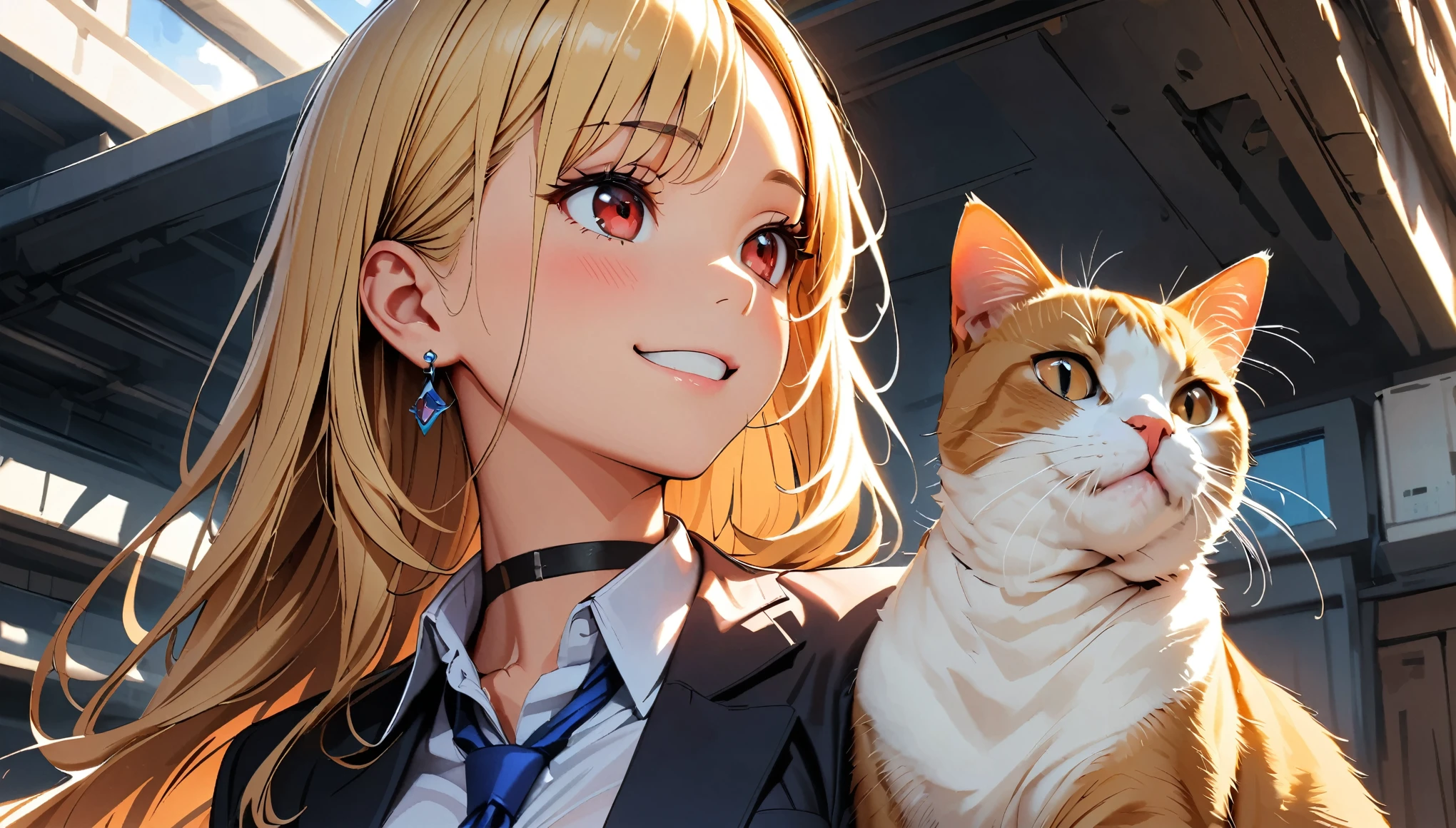 (highest quality:1.2, Very detailed, High Detail, digital coloring, High Contrast, masterpiece:1.2, highest quality, Best aesthetics), ((1 girl)), blonde, Straight Long Hair, Red eyes, Earrings, Black choker, Collared shirt, Blue tie, smile, blush, Facing the cat, profile,Face Up Shot, Face to face with cat:1.2, profileにフォーカス.