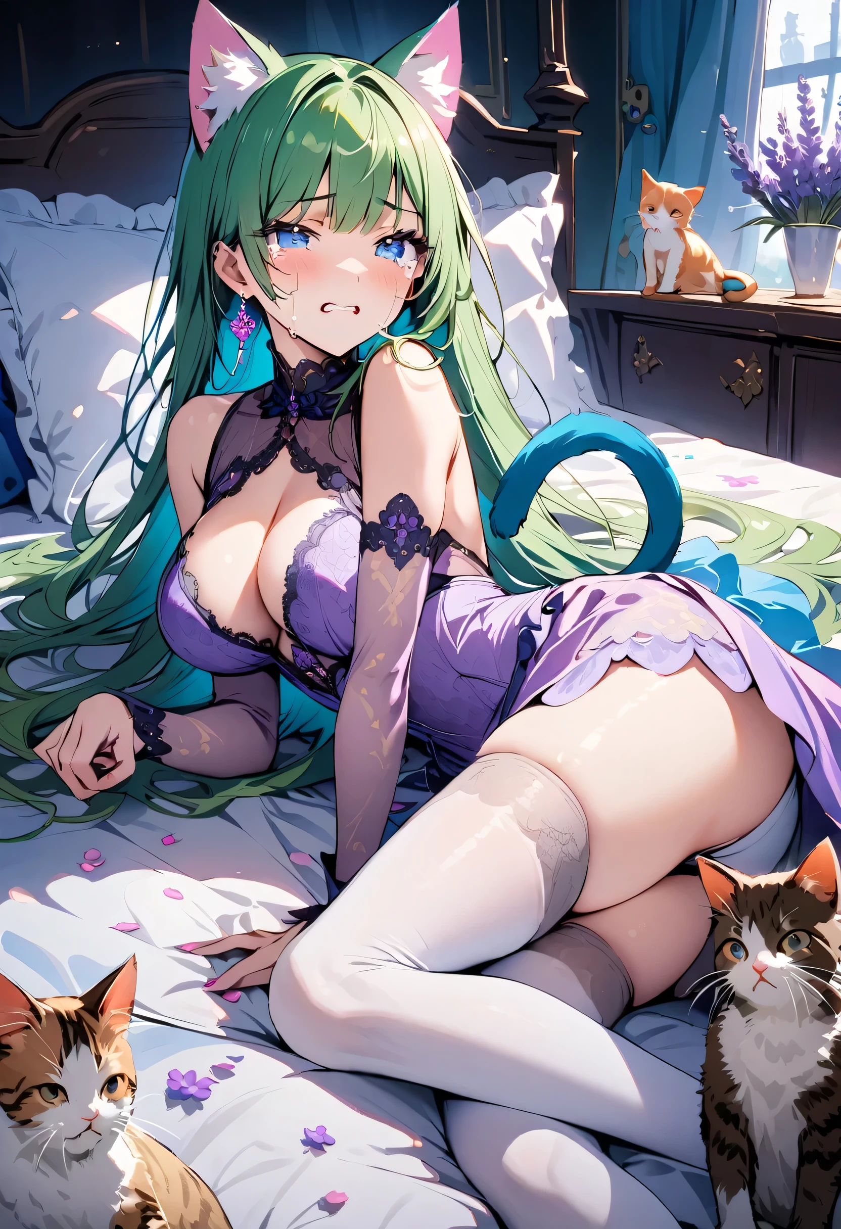 masterpiece, best quality, novel illustration, highres, 18+ mature content, sensual, intimate, emotional, passionate, romantic, sweet, endearing, innocent, pure, captivating, alluring, enticing, mysterious, enchanting, captivating, immersive, mesmerizing, dreamlike, surreal, imaginative, whimsical, artistic, avant-garde, timeless, elegant, sophisticated, chic, refined, unique, original, mesmerizing,1girl,deltamon_beta, solo, blue eyes, thighhighs, animal ears, bare shoulders, blue tail, earrings,detached sleeves, green hair, sleeveless, cat ears, bag, white thighhighs, cat tail,pink backpack,pink randseru,Lavender Lace: A lavender lace dress with a Peter Pan collar, paired with ivory tights and Mary Jane shoes.,Cherry blossom viewing, Azalea, Satsuki, Azalea blizzard,
Rest ((Avoided by ((kitten)), crying face))