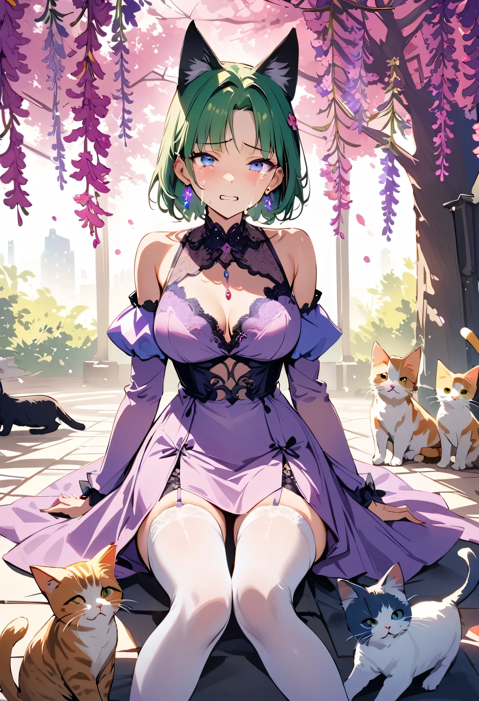 masterpiece, best quality, novel illustration, highres, 18+ mature content, sensual, intimate, emotional, passionate, romantic, sweet, endearing, innocent, pure, captivating, alluring, enticing, mysterious, enchanting, captivating, immersive, mesmerizing, dreamlike, surreal, imaginative, whimsical, artistic, avant-garde, timeless, elegant, sophisticated, chic, refined, unique, original, mesmerizing,1girl,deltamon_beta, solo, blue eyes, thighhighs, animal ears, bare shoulders, blue tail, earrings,detached sleeves, green hair, sleeveless, cat ears, bag, white thighhighs, cat tail,pink backpack,pink randseru,Lavender Lace: A lavender lace dress with a Peter Pan collar, paired with ivory tights and Mary Jane shoes.,Cherry blossom viewing, Azalea, Satsuki, Azalea blizzard,
Rest ((Avoided by ((kitten)), crying face))