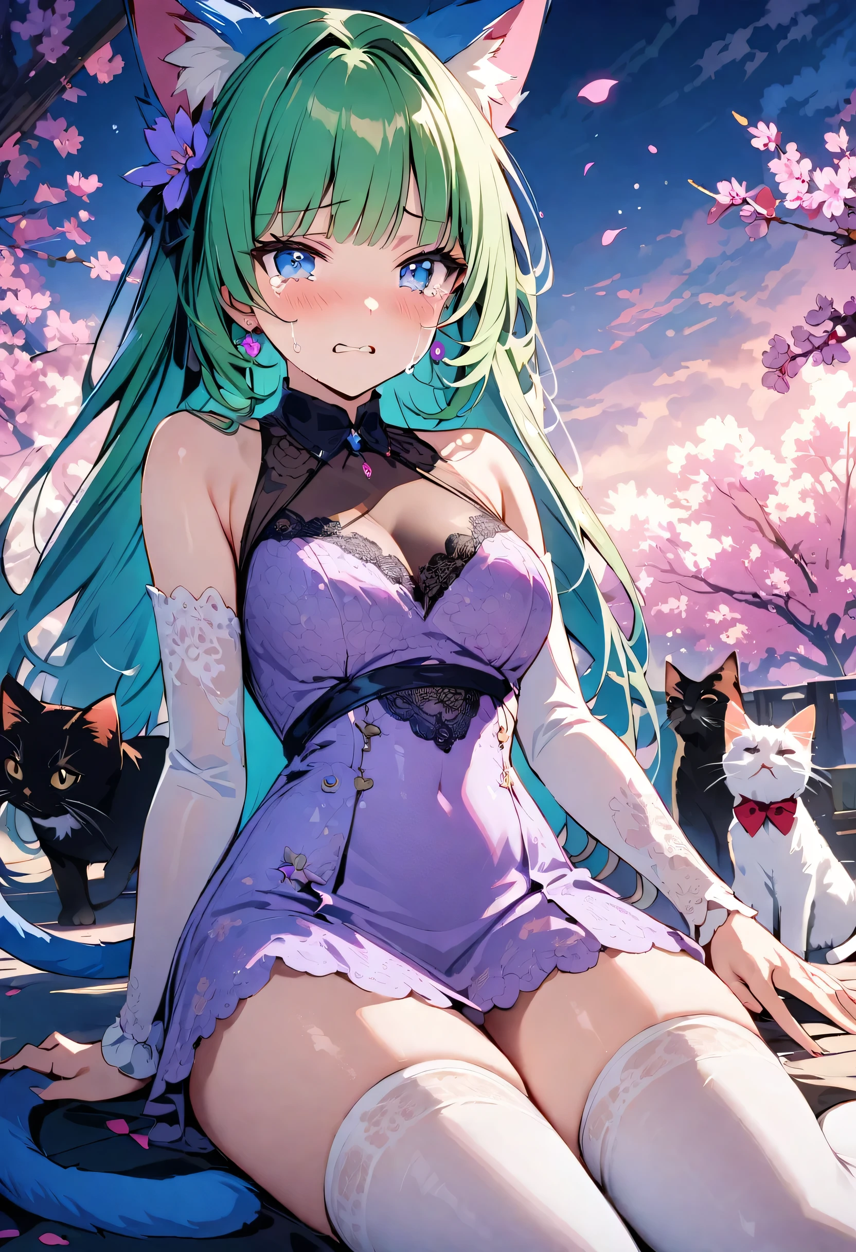 masterpiece, best quality, novel illustration, highres, 18+ mature content, sensual, intimate, emotional, passionate, romantic, sweet, endearing, innocent, pure, captivating, alluring, enticing, mysterious, enchanting, captivating, immersive, mesmerizing, dreamlike, surreal, imaginative, whimsical, artistic, avant-garde, timeless, elegant, sophisticated, chic, refined, unique, original, mesmerizing,1girl,deltamon_beta, solo, blue eyes, thighhighs, animal ears, bare shoulders, blue tail, earrings,detached sleeves, green hair, sleeveless, cat ears, bag, white thighhighs, cat tail,pink backpack,pink randseru,Lavender Lace: A lavender lace dress with a Peter Pan collar, paired with ivory tights and Mary Jane shoes.,Cherry blossom viewing, Azalea, Satsuki, Azalea blizzard,
Rest ((Avoided by ((kitten)), crying face))