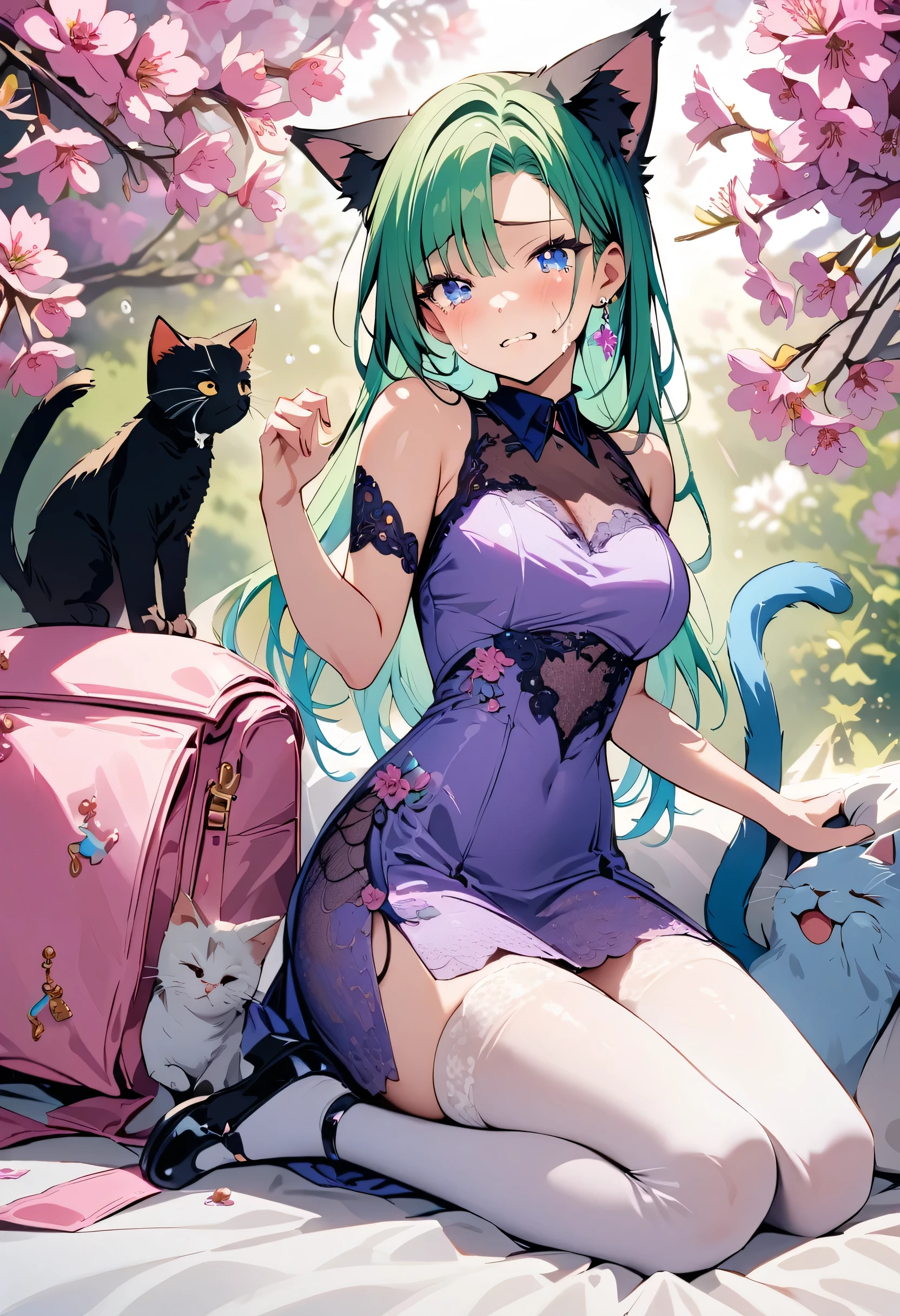 masterpiece, best quality, novel illustration, highres, ??? ??????????????, sensual, intimate, emotional, passionate, romantic, sweet, endearing, innocent, pure, captivating, alluring, enticing, mysterious, enchanting, captivating, immersive, mesmerizing, dreamlike, surreal, imaginative, whimsical, artistic, avant-garde, timeless, elegant, sophisticated, chic, refined, unique, original, mesmerizing,1girl,deltamon_beta, solo, blue eyes, thighhighs, animal ears, bare shoulders, blue tail, earrings,detached sleeves, green hair, sleeveless, cat ears, bag, white thighhighs, cat tail,pink backpack,pink randseru,Lavender Lace: A lavender lace dress with a Peter Pan collar, paired with ivory tights and Mary Jane shoes.,Cherry blossom viewing, Azalea, Satsuki, Azalea blizzard,
Rest ((Avoided by ((kitten)), crying face))