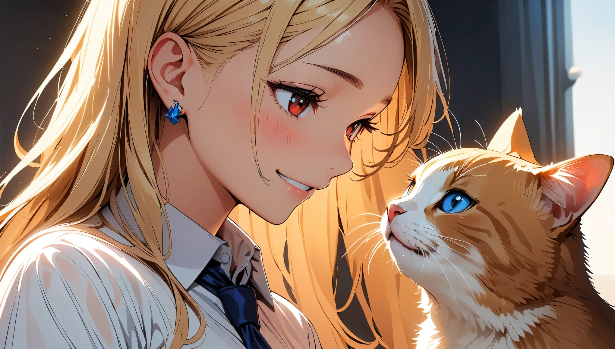 (highest quality:1.2, Very detailed, High Detail, digital coloring, High Contrast, masterpiece:1.2, highest quality, Best aesthetics), ((1 girl)), blonde, Straight Long Hair, Red eyes, Earrings, Black choker, Collared shirt, Blue tie, smile, blush, Facing the cat, profile,Face Up Shot, Face to face with cat:1.2, profileにフォーカス.