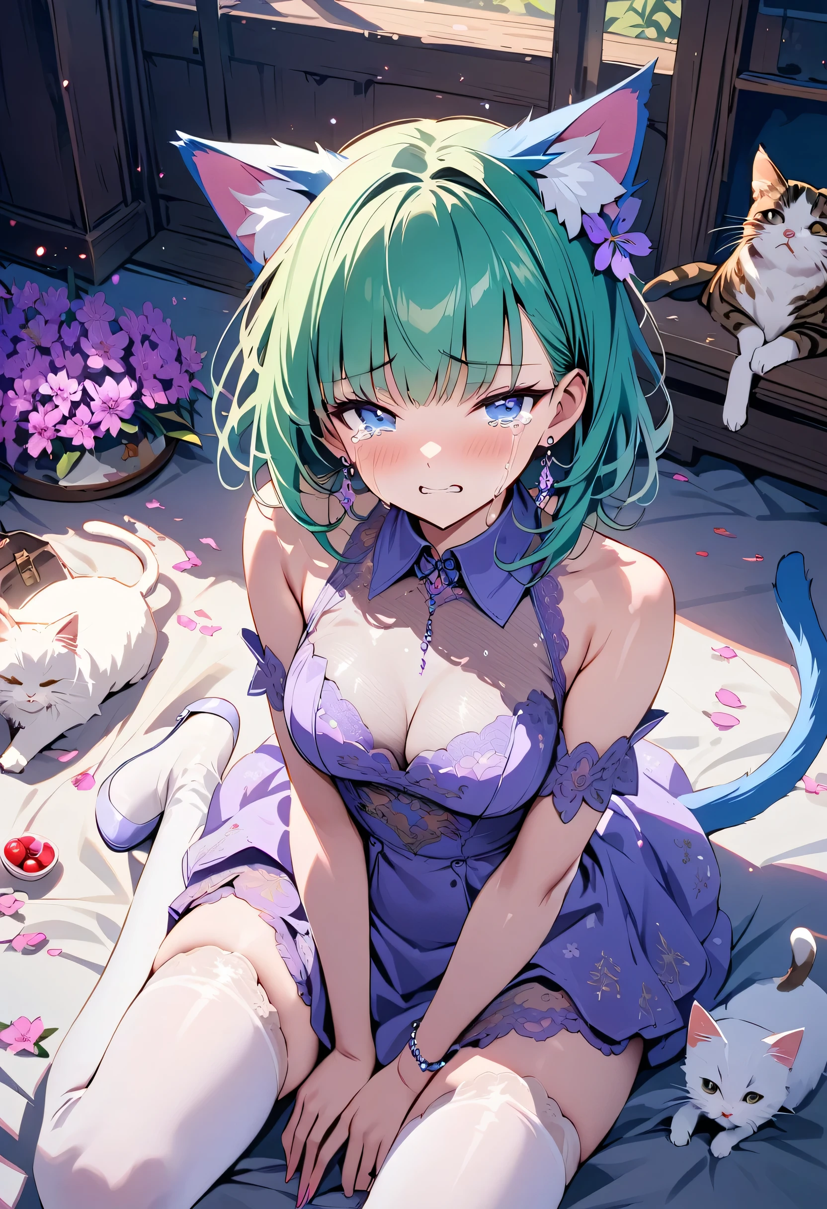 masterpiece, best quality, novel illustration, highres, 18+ mature content, sensual, intimate, emotional, passionate, romantic, sweet, endearing, innocent, pure, captivating, alluring, enticing, mysterious, enchanting, captivating, immersive, mesmerizing, dreamlike, surreal, imaginative, whimsical, artistic, avant-garde, timeless, elegant, sophisticated, chic, refined, unique, original, mesmerizing,1girl,deltamon_beta, solo, blue eyes, thighhighs, animal ears, bare shoulders, blue tail, earrings,detached sleeves, green hair, sleeveless, cat ears, bag, white thighhighs, cat tail,pink backpack,pink randseru,Lavender Lace: A lavender lace dress with a Peter Pan collar, paired with ivory tights and Mary Jane shoes.,Cherry blossom viewing, Azalea, Satsuki, Azalea blizzard,
Rest ((Avoided by ((kitten)), crying face))