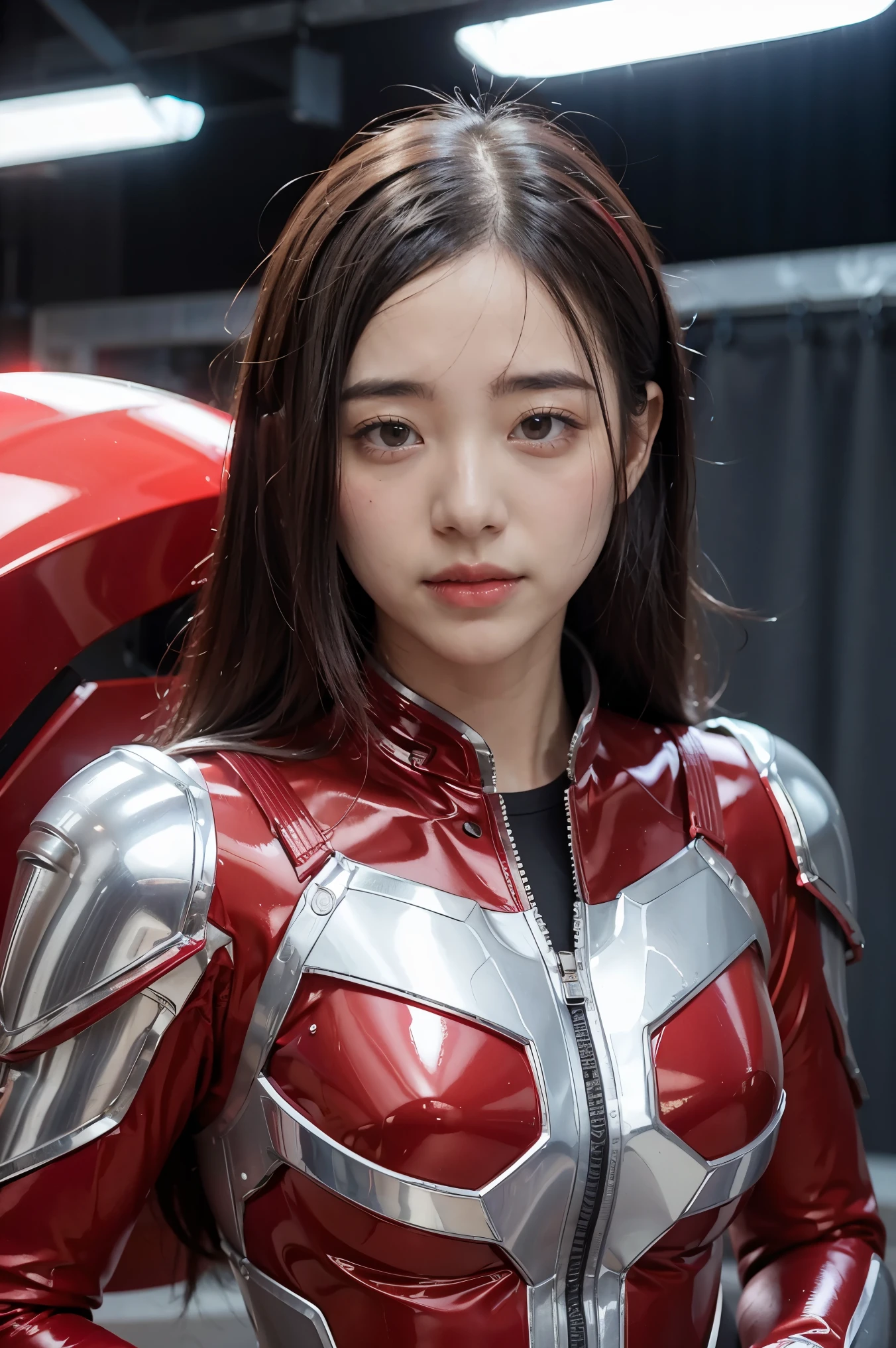 SPD power ranger、realistic、realistic、cinematic lighting, Girl in a shiny red and silver suit、18 years old、professional photos、Don&#39;Do not expose your skin, japanese model, japanese cgi、SPD Suit、, Power Rangers Suit、tight and thin cyber suit,Whole body rubbery、There&#39;s pink There、 delicate body, Both sides of the cyber suit stick to the skin、Big eyes、black short hair、facing the front、facing the front立っている blue sky background