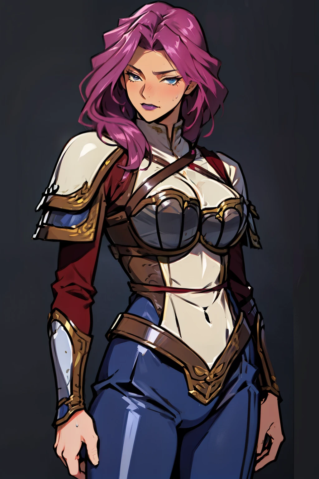 (high resolution, pixel perfect, realistic, gorgeous illustrations), (hyper quality, muste piece, etheric: 1.4), (solo, 1girl), cowboy shot, ((cornelia_li_britannia)), ((lstand,open legs)), mature woman, cool atmosphere, finely detailed beautiful eyes and detailed face, wide hips, Big breasts that are about to burst, fighter, ((((wh_chi_armor)))), (leotard), cameltoe, lewd woman, shiny skin, gleaming skin, sweat, simple background,