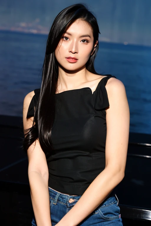 ((night landscape,Realistic lighting,best quarity,8k,Meisterwerk:1.3)),1girl,Pretty woman with slender figure:1.4,(brown hair,:1.3),all body,Sleeveless top:1.3,Sofa,Super detailed face,Detailed eyes,Double eyelidd