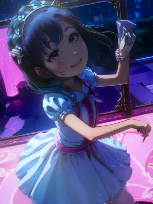 yuriko nanao (million live), 1 girl, Solo, Best Quality, masutepiece, 8K, High resolution, Ultra-detailed, (((It is located on the rooftop, Night view))), lightsmile, Light blue dress, Sailor Color Dress, Short sleeves, Puffy sleeves, Yellow cardigan,Shine light from the front、Backlight Compensation、Brighten your face、