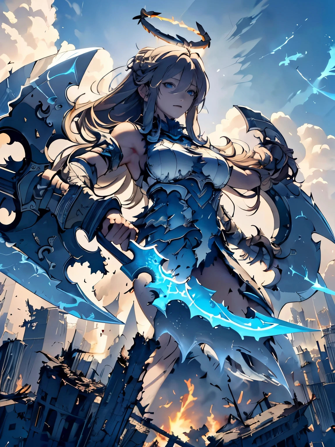 destroyed city, (100 meter tall huge goddess floating, emits light from all over the body, lost pupils, last judgment, blue flame), weapon, aerial angle from below, braid, (((halo, giant axe)))