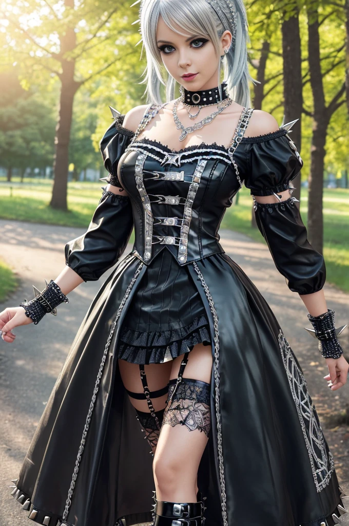 sexy stylish female model, only 1 female, ((doll-like appearance)), very short multicolor stylish hair, ((shiny Punk-Style boots)), (big smile), ultra detailed eyes, Punk makeup, lipgloss, ((sexy Punk Lolita cosplay)), unconventional skirt, petticoats, high neckline, ((ultra detailed lace)), ((ultra detailed embroidery)), intricate details, tartan patterns, (silver chains), (silver spikes), (safety pins), Punk Lolita accessoires, Punk Lolita choker, ((large sparkling Punk Lolita jewelry)), cinematic light, detailed large park background with trees