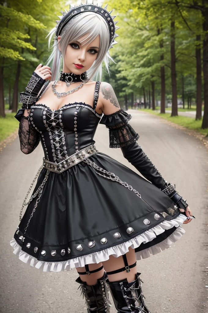 sexy stylish Swedish model, only 1 female, long multicolor stylish hair, ((shiny Punk-Style boots)), smile, Punk makeup, lipgloss, ((sexy Punk Lolita cosplay)), unconventional skirt, petticoats, high neckline, ((ultra detailed lace)), ((ultra detailed embroidery)), intricate details, tartan patterns, ((silver chains)), ((silver spikes)), ((safety pins)), Punk Lolita accessoires, Punk Lolita choker, ((large sparkling Punk Lolita jewelry)), cinematic light, detailed large park background with trees