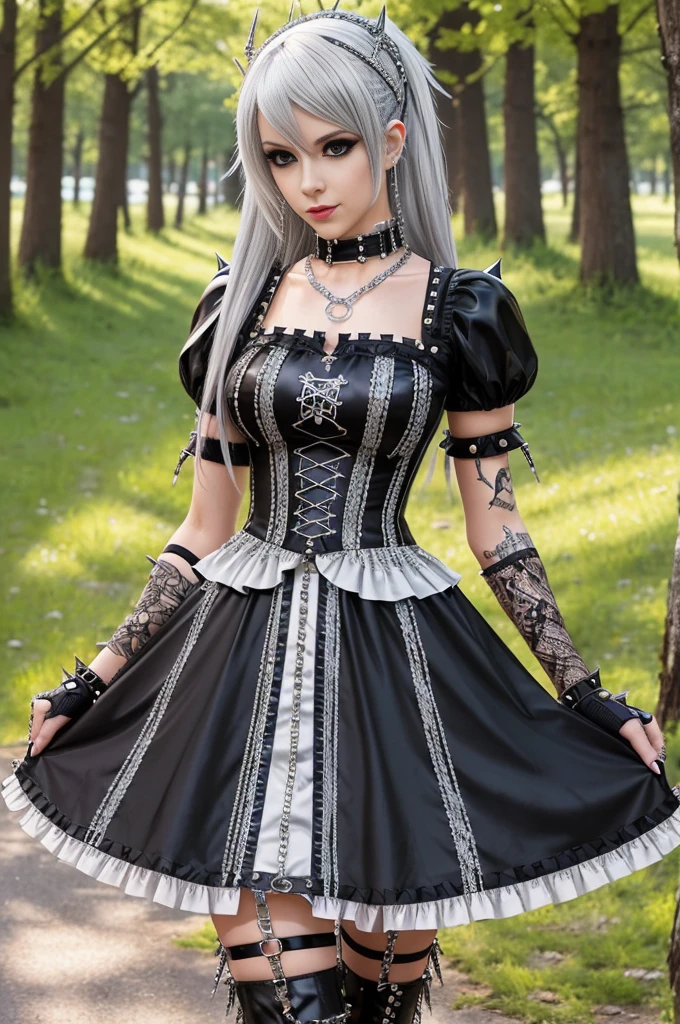 sexy stylish Swedish model, only 1 female, long multicolor stylish hair, ((shiny Punk-Style boots)), smile, Punk makeup, lipgloss, ((sexy Punk Lolita cosplay)), unconventional skirt, petticoats, high neckline, ((ultra detailed lace)), ((ultra detailed embroidery)), intricate details, tartan patterns, ((silver chains)), ((silver spikes)), ((safety pins)), Punk Lolita accessoires, Punk Lolita choker, ((large sparkling Punk Lolita jewelry)), cinematic light, detailed large park background with trees