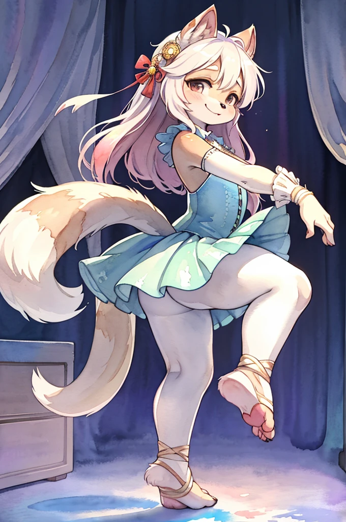 closeup face , hairy racoon dog lady , hairy fur , round face , (tilt face:1.2) , (half-open eyes) , Swollen cheeks , glossy lips , euphoria smile ,(barefoot:1.2) , (look away:1.2) ,relax ta costume , hair ornaments , Drawers , Theater stage , Dancing ballet on the stage , dynamic dance , dim light , En face ,croisee , efface , En avant , En bar , En haut , a la seconde , allonge , Move limbs widely , rear Bokeh , front view , side view , top view , from below , back shot , (jump) , (pale watercolor:1.5), Picture book illustrations , Simplified depiction , (Painting yourself)