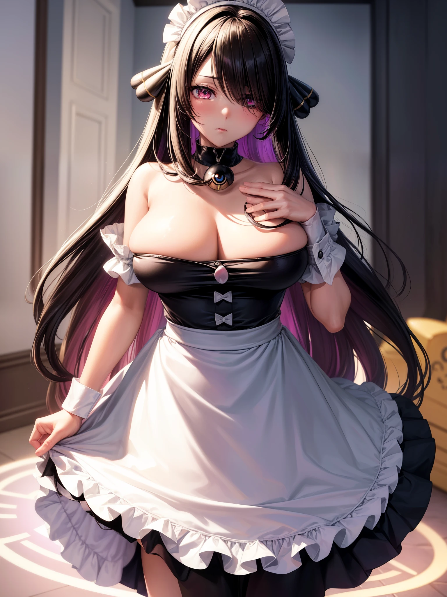 solo、(hypnotismをかけられたシンシアの漫画_\(Pokémon\)、Hair over one eye、Big Breasts、Take off your skirt and show your panties、bangs、Glowing pink eyes、(Jaw dropping、Drooling from the mouth)、1 girl、White Pantyhose、Swirling eyes、Growing Pink Eyes、Mind control、@ @、Hollow Eyes、Hollow Gaze)、indoor、hypnotism、(Sex without emotions、Expressionless)、Not aware、Swirling eyes、Expressionless、Big Breastultiple men、Maid、Maidの頭飾り、Wrist cuffs、Waist Apron、Neck Bell、POV