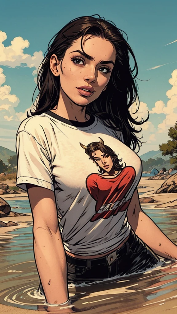 masterpiece, posing while sinking in quicksand, memorable, plain background,attention-grabbing features:1.2, horny pose, depraved pleasure, feminine facial features, t-shirt,