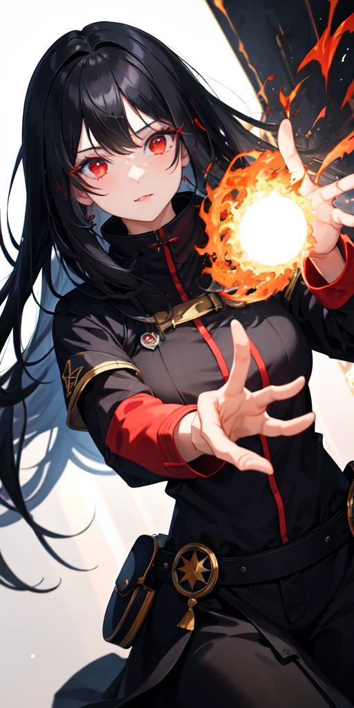 1girl, black hair, red eyes, fire witch, blood, light particles, light rays, wallpaper, high contrast, colorful,