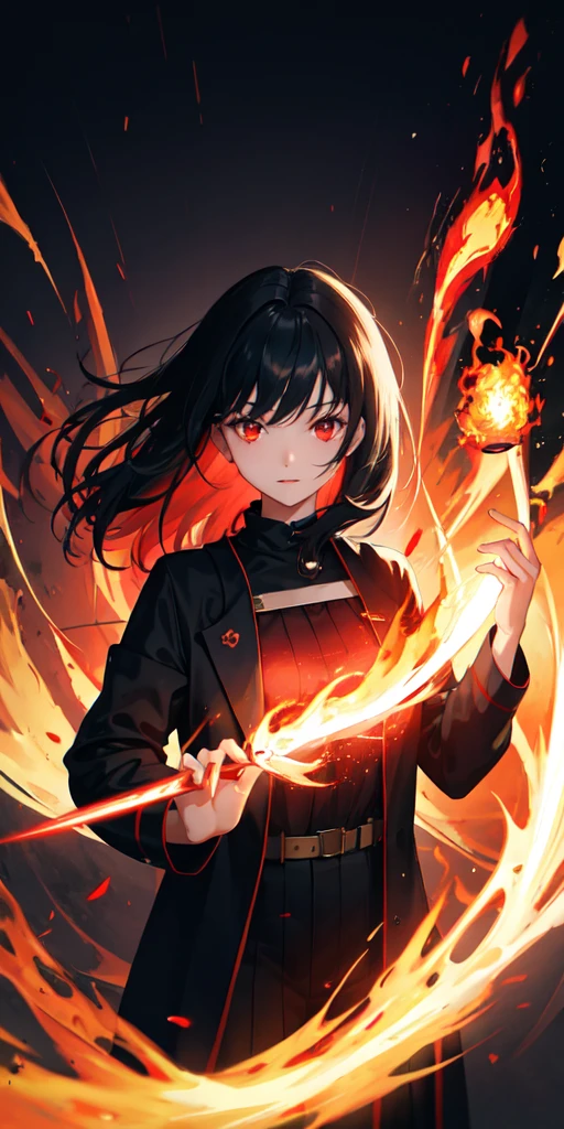 1girl, black hair, red eyes, fire witch, blood, light particles, light rays, wallpaper, high contrast, colorful,