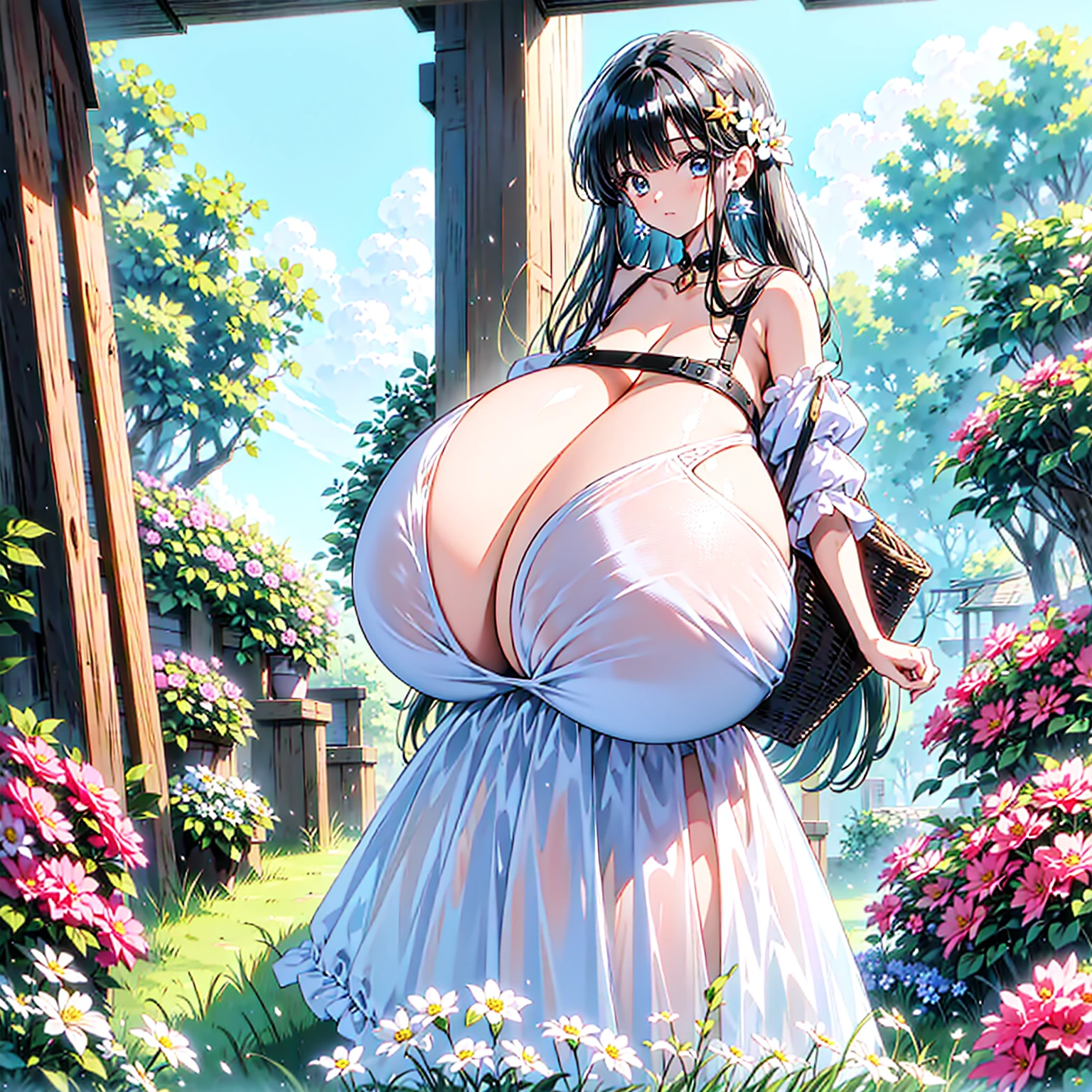 an anime style painting of a woman with very large breasts holding baskets, 1girl, breasts, solo, flower, black hair, underwear, blue eyes, outdoors, hair ornament, long hair, bra, looking at viewer, huge breasts, gigantic breasts, bangs, cleavage, jewelry, shiny, earrings,see-through dress