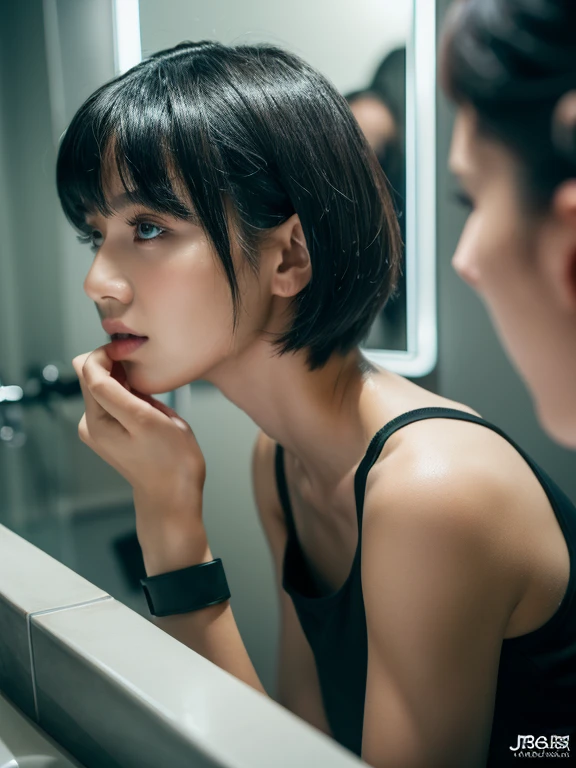 (masterpiece:1.3), (8K, Photorealsitic, Raw photography, top-quality: 1.4), (1girl in), (A pretty woman with slim figure:1.4), enigmatic beauty, stunning face, beautiful countenance, (Lifelike face), Black hair, short hair, short cut hairstyle, realisticeyes, beautiful detail, (real looking skin), Beautiful skins, enticing, The ultra -The high-definition, A hyper-realistic, ighly detailed. Is looking in the mirror, she is cutting her hair by herself. (Black tank-top #00000: 1.4), (Black shorts #00000: 1.4), (Black tank-top #00000: 1.4), (Black shorts #00000: 1.2). Background: (Bathroom with black wall #00000: 1.3), inside the bathroom is dark, hair in the sink
