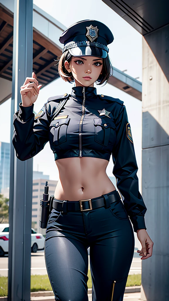 Women in crop top police uniform, police pants, showing navel,