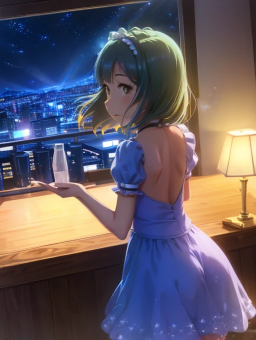 yuriko nanao (million live), 1 girl, Solo, Best Quality, masutepiece, 8K, High resolution, Ultra-detailed, (((It is located on the rooftop, Night view))), lightsmile, Light blue dress, Sailor Color Dress, Short sleeves, Puffy sleeves, Yellow cardigan,((((Shine light from the front))))、((((Backlight Compensation))))、((((Brighten your face、))))