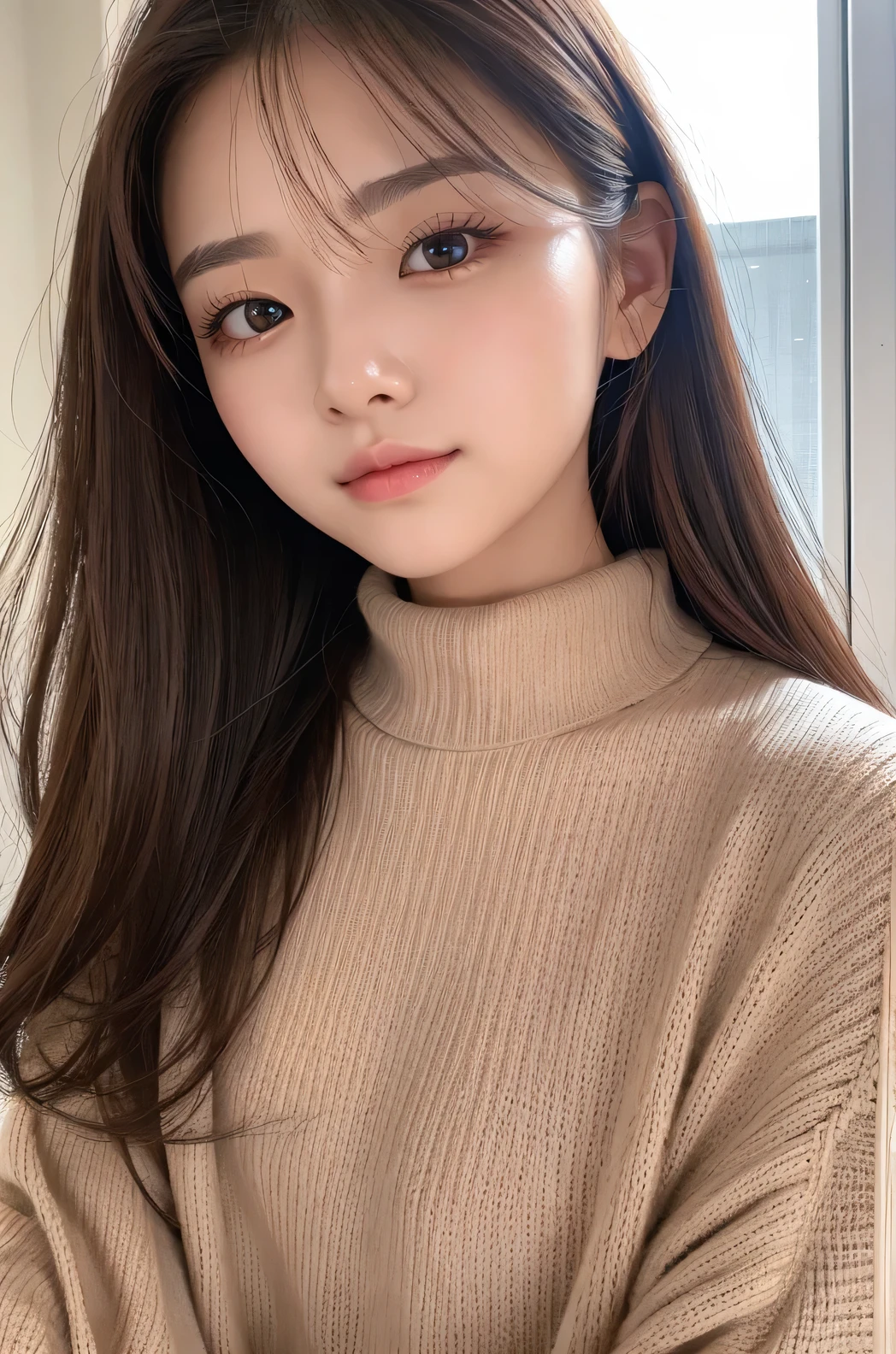 woman、Ultra detailed face、double eyelid, Medium Hair、No bangs、Beautiful Hair、Clear Eyes、Knitted sweater、Glowing Skin, Small Head、whole body