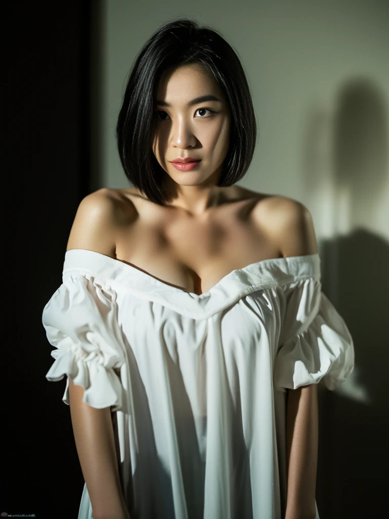 best quality, masterpiece, ultra high resolution, (lifelike:1.5), original photo, 1 girl, Off the shoulders, in the darkness, deep shadow, low profile, cold light, sexy look, short hair, big breasts, black clothes