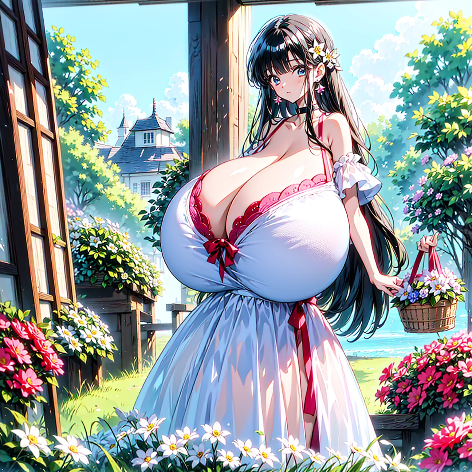 (1girl), (huge underboob), vigorous, (black hair), (braid), (purple eyes), (Intricate Iris Details), (white dress), (straw hat), (Garden), (looking at viewer:1.1), (from below), (smile), (bloated belly)