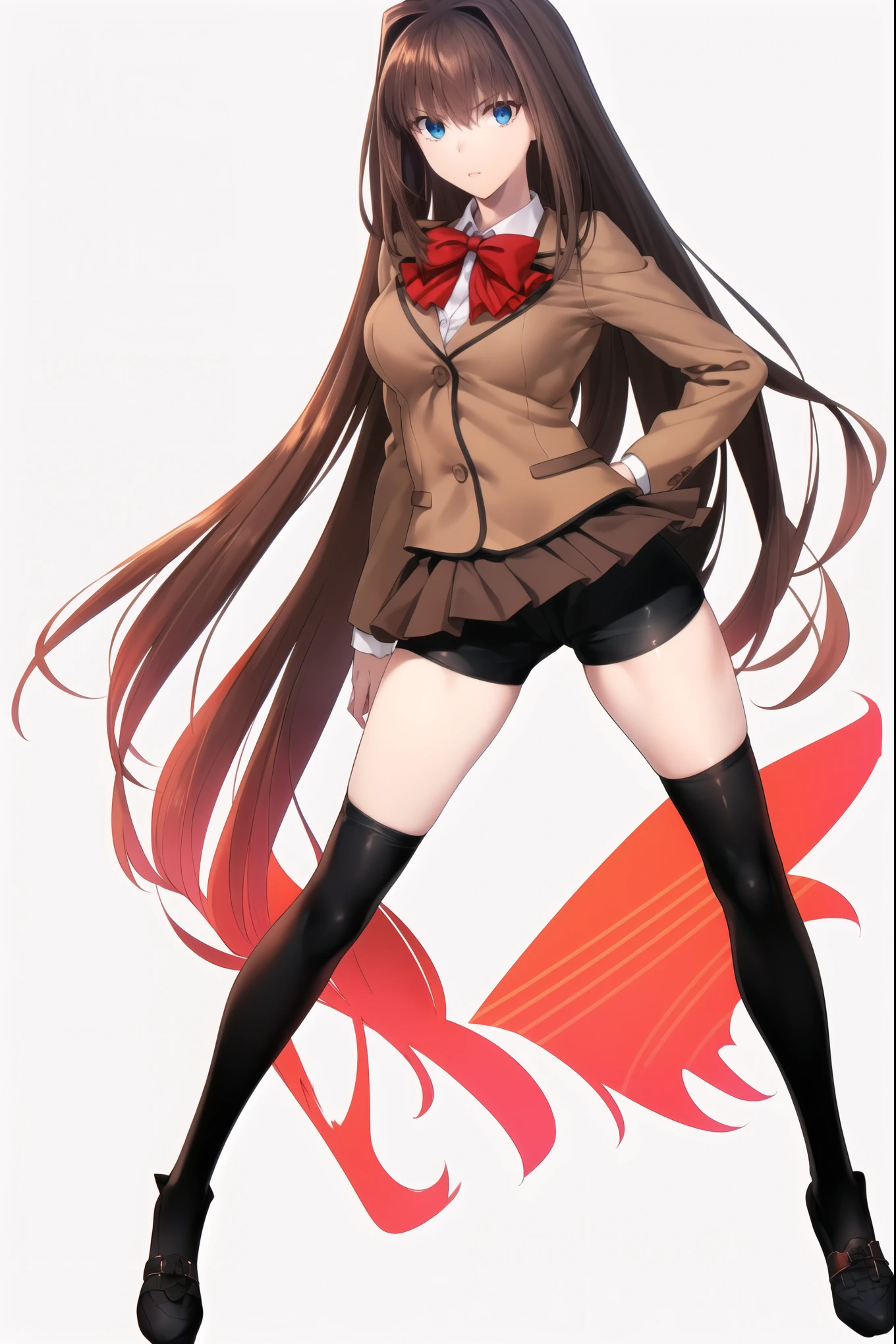 8k, high quality, AokoSchoolUniform, ((1girl)), (((solo))), (chestnut-brown hair with slightly reddish undertone), perfect face, red bowtie, beige blazer, (Umber pleated mini-skirt:1.5), (black spandex shorts:1.4), (nice thighs:1.5), large chest, well formed breasts, (black thigh-high hosiery:1.6), (brown Strap-Shoes), standing, ((full body shot)), (white-empty background:1.4), completely empty background, ((complete body in picture)),
