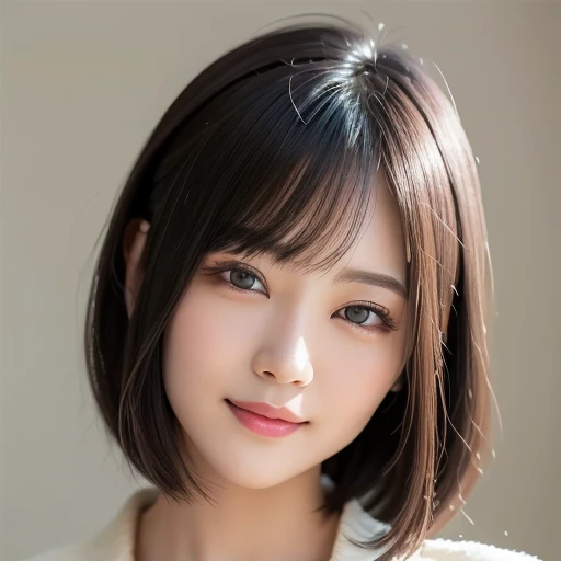 (Highest quality: 1.5), (Realistic: 1.5), (1 person: 1.5), Highly detailed, High resolution, 8k, Detailed face, Natural colored lips, Cute smile, Japanese woman, 20 year old girl , beautiful and graceful features, perfect and beautiful face, balanced big eyes, beautiful eyes, beautiful and graceful features, natural double eyelids, natural bangs, beautiful thin nose, beautiful skin, fair skin, medium bob hair, natural bangs, perfect and beautiful face, slim face and figure, (looking at the camera with a cute expression), bright lighting, professional lighting, forward lighting, cute smile, (facial lighting), bright lighting, professional lighting, forward lighting, Cute Japanese girl,